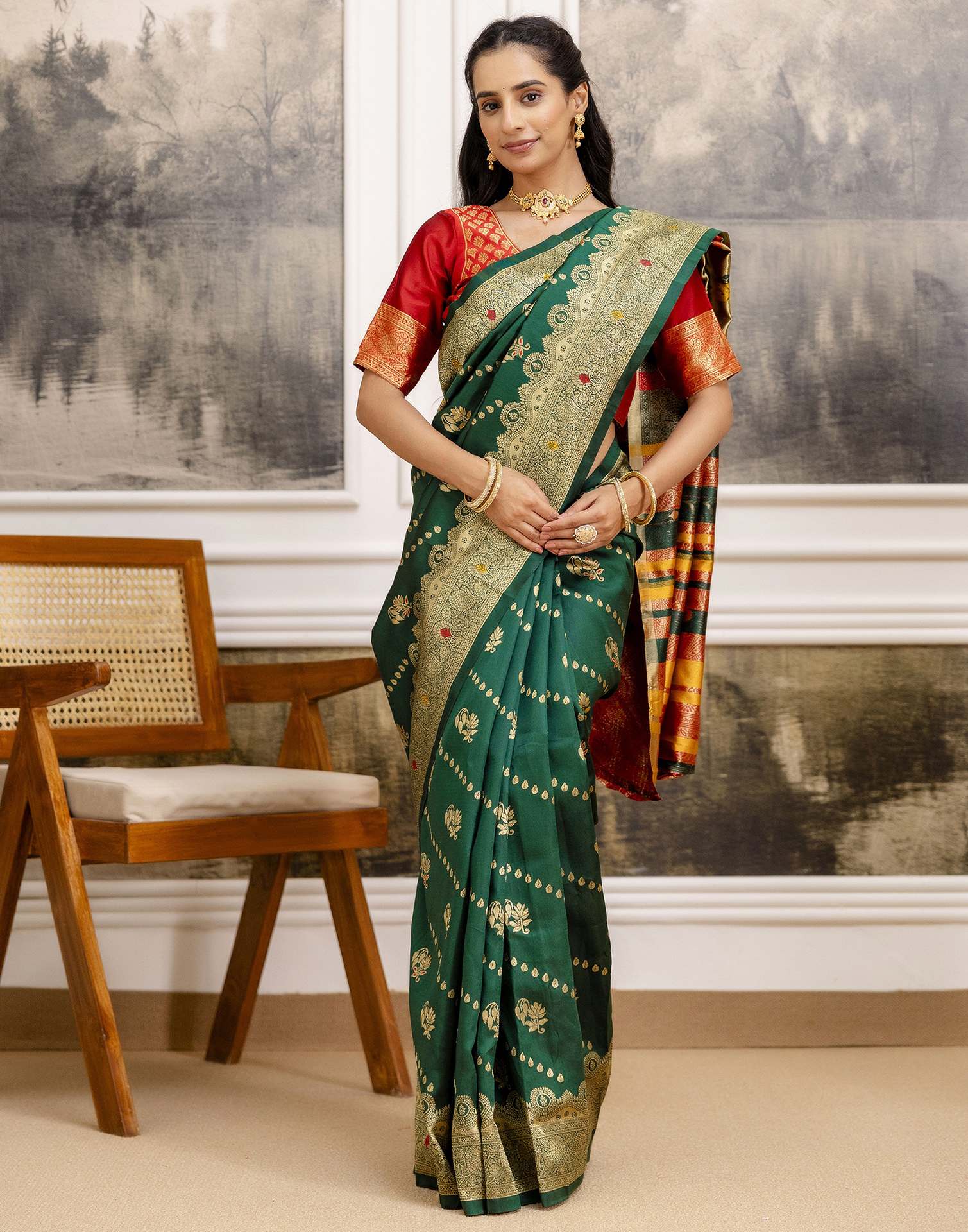 Dark Green Silk Woven Banarasi Saree - Image 8