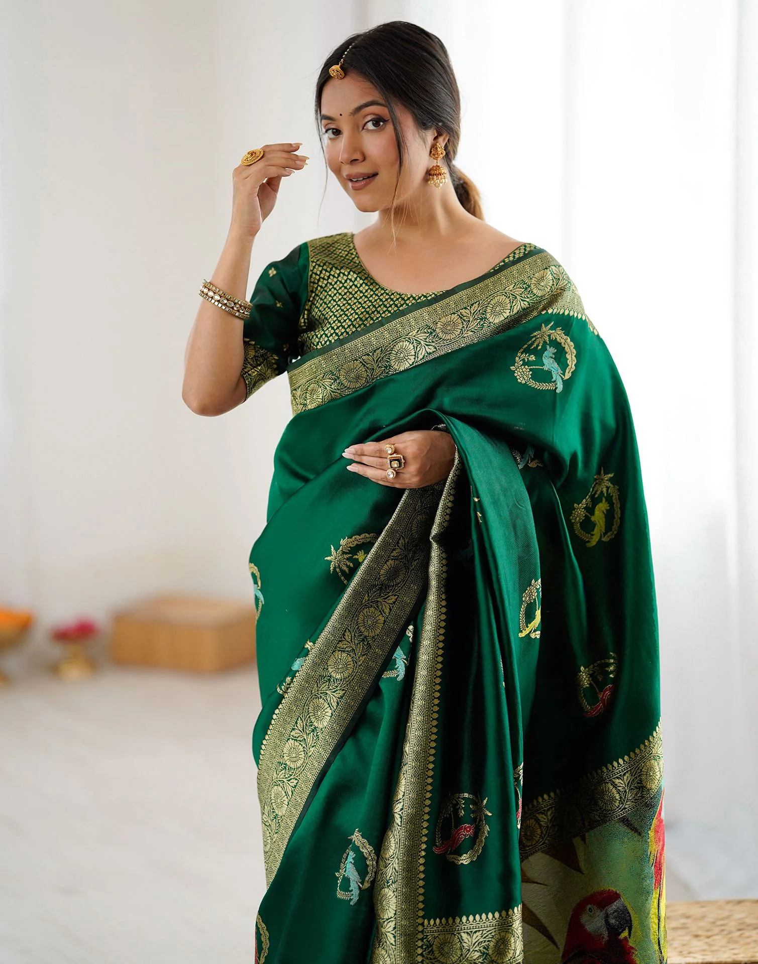 Dark Green Silk Woven Saree - Image 2