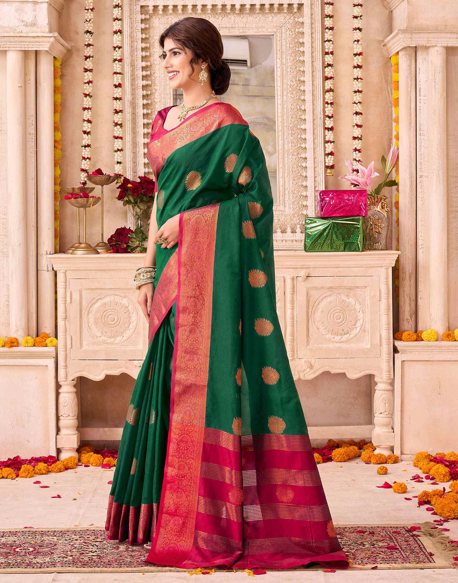 Dark Green Silk Woven Saree - Image 6