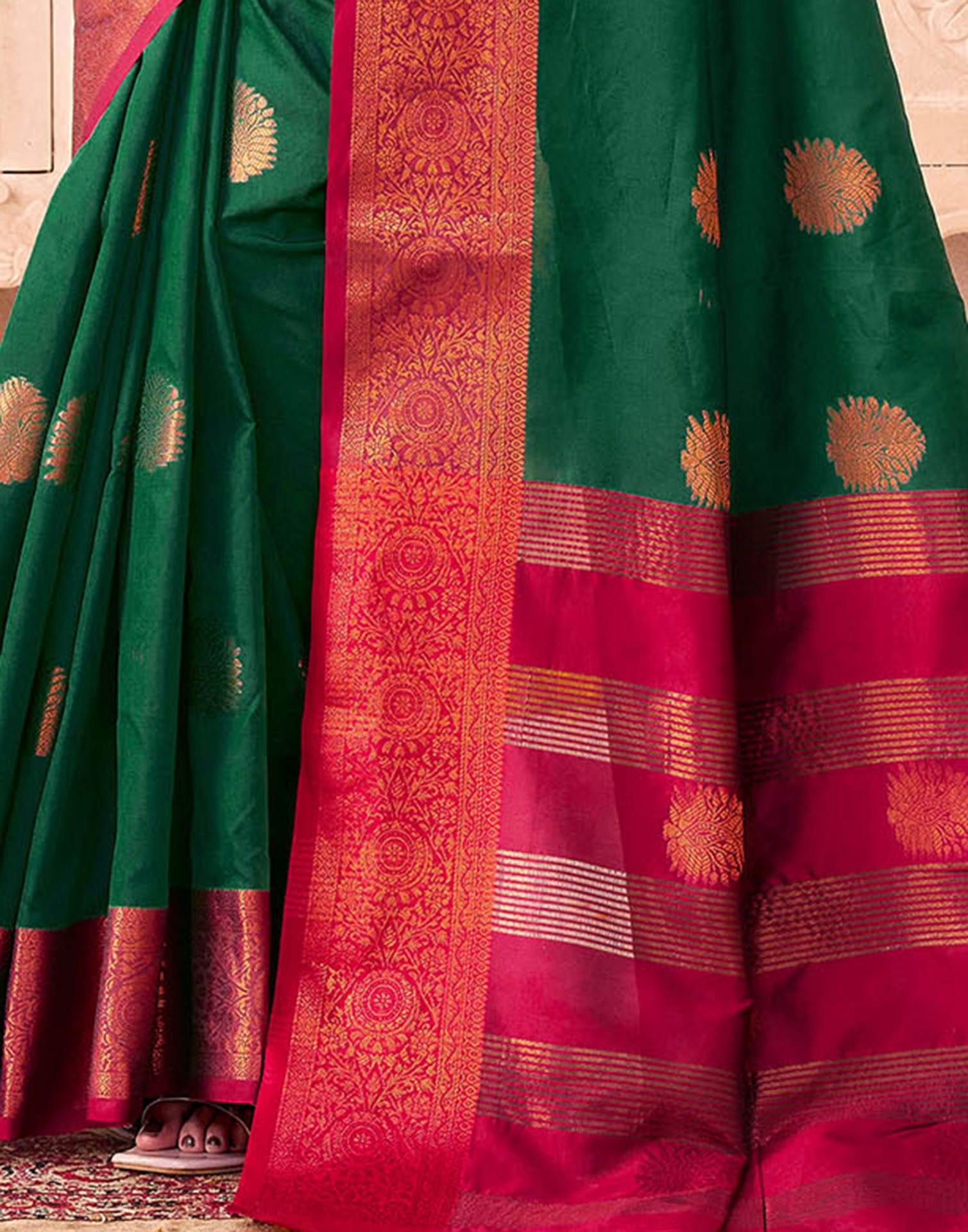 Dark Green Silk Woven Saree - Image 7