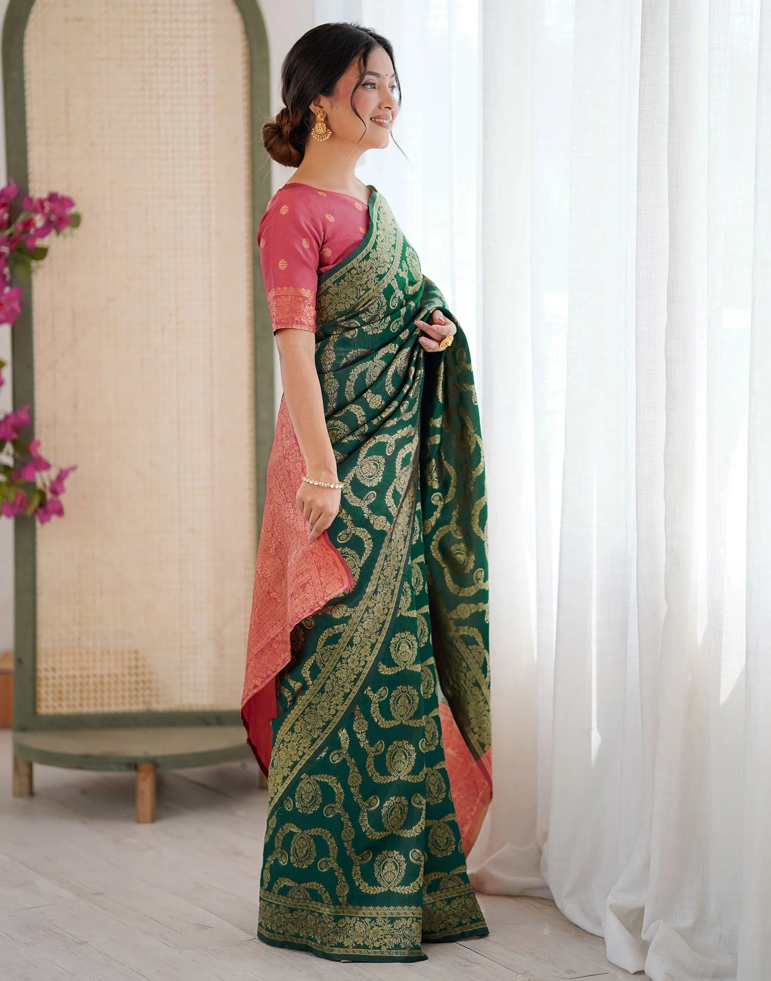 Dark Green Silk Woven Saree - Image 7