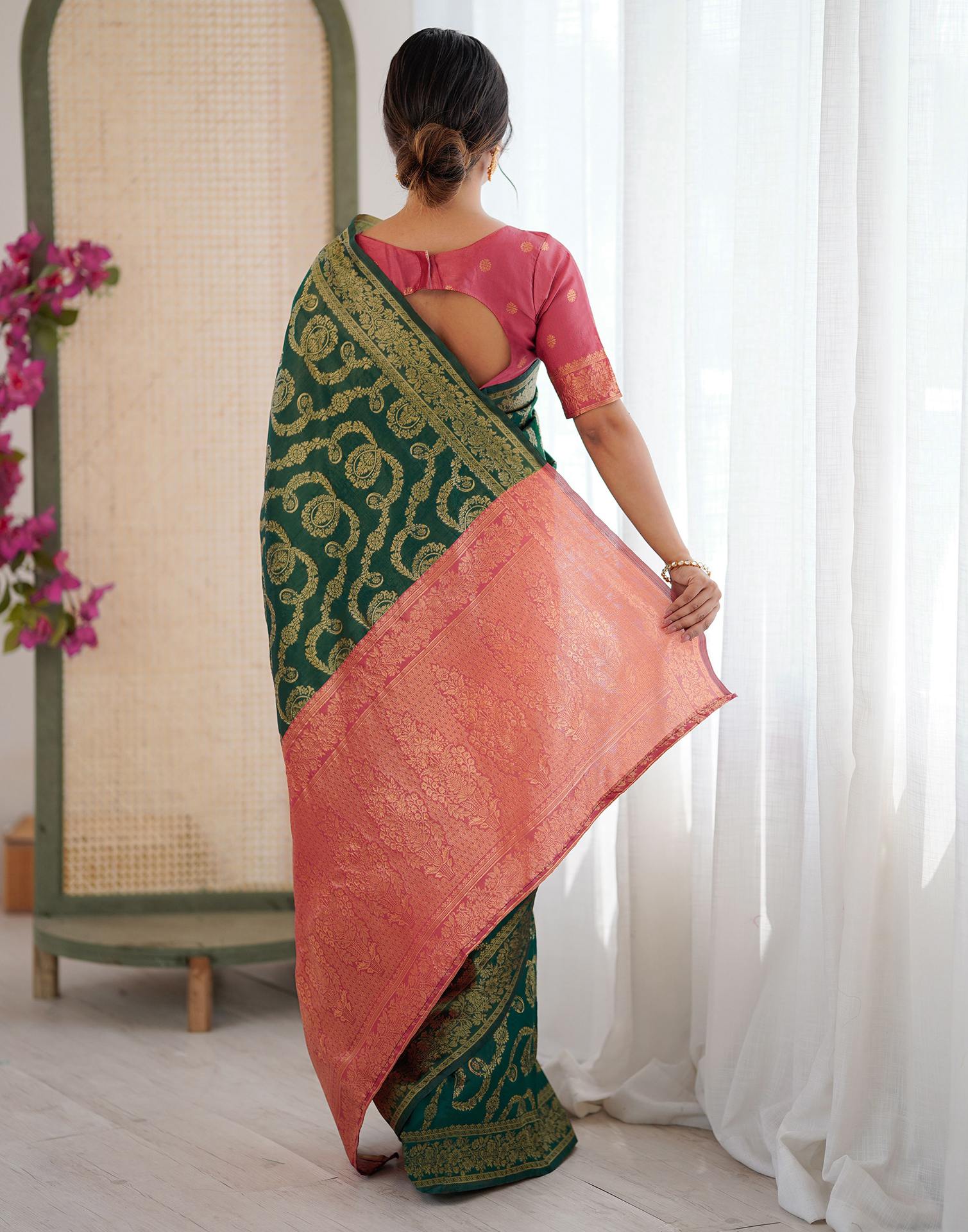Dark Green Silk Woven Saree - Image 8