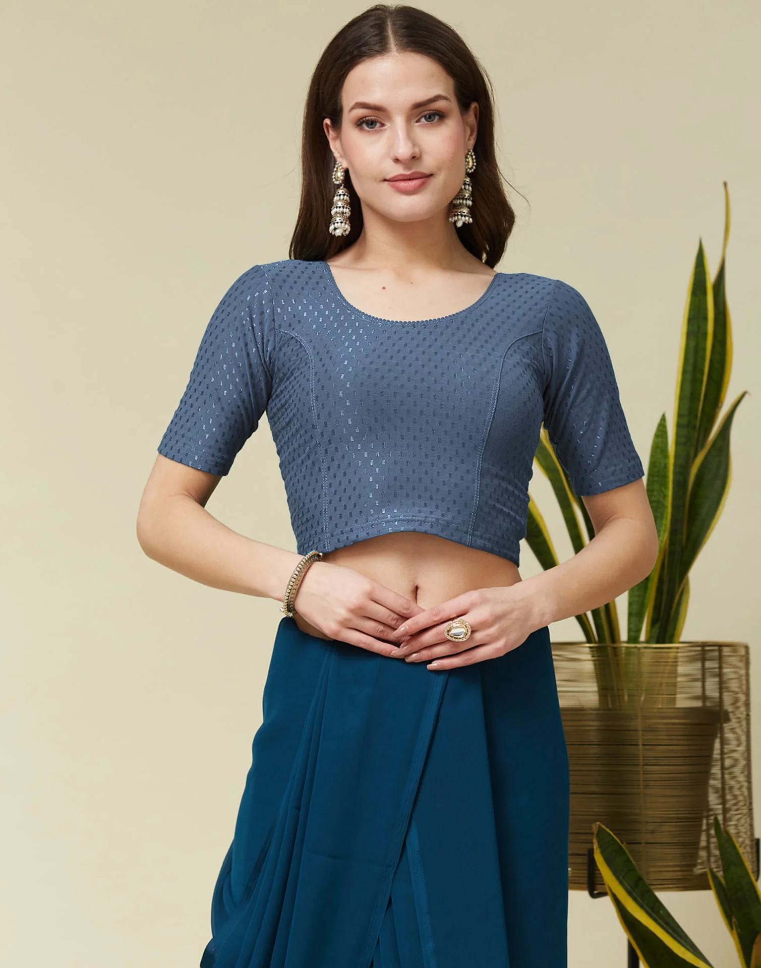 Dark Grey Cotton Lycra Dyed Self Woven Blouse