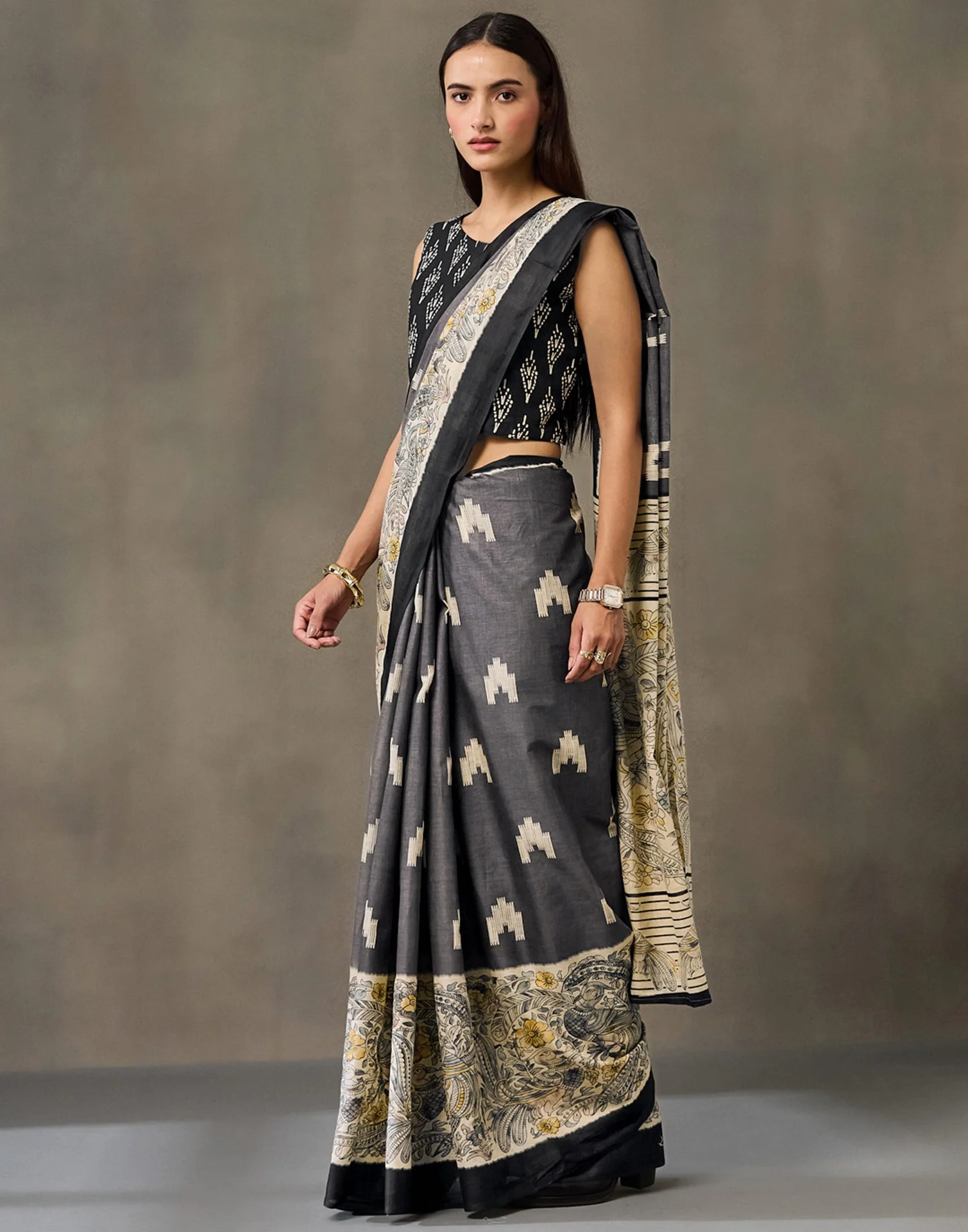 Dark Grey Cotton Printed Kalamkari Saree - Image 4