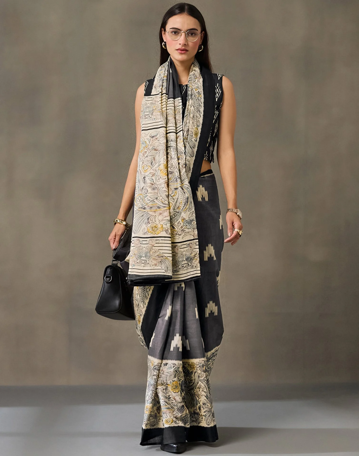 Dark Grey Cotton Printed Kalamkari Saree - Image 5