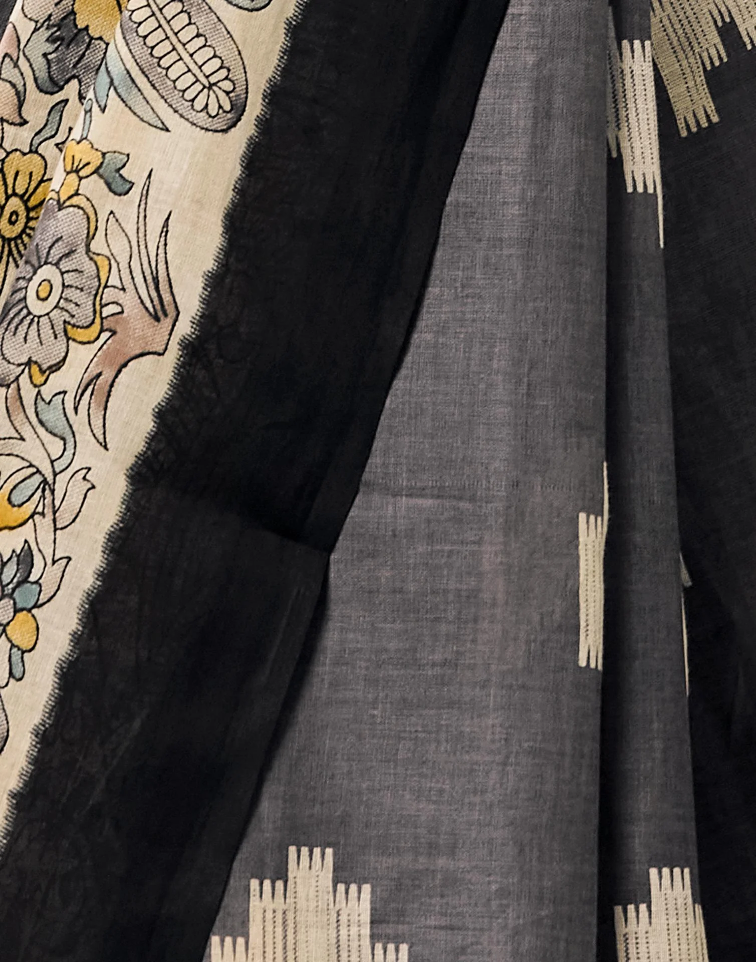 Dark Grey Cotton Printed Kalamkari Saree - Image 8