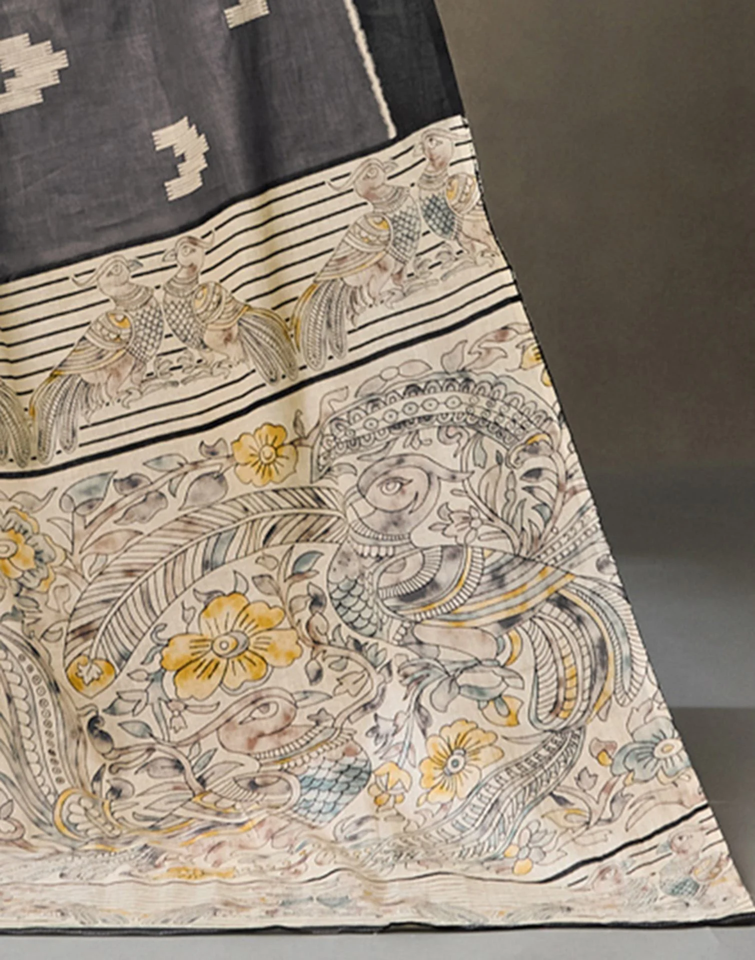 Dark Grey Cotton Printed Kalamkari Saree - Image 9