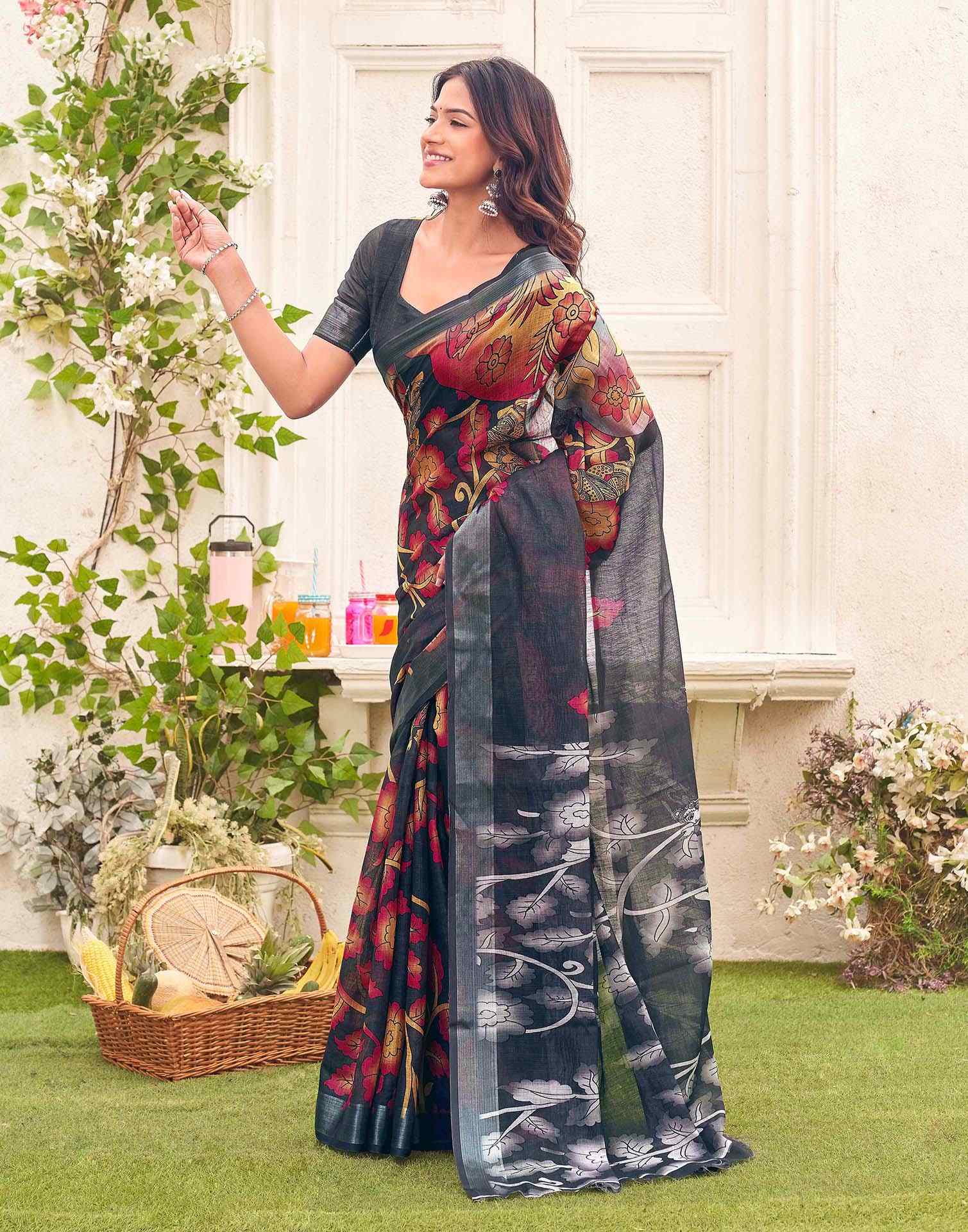 Dark Grey Linen Floral Printed SareeĀ - Image 4