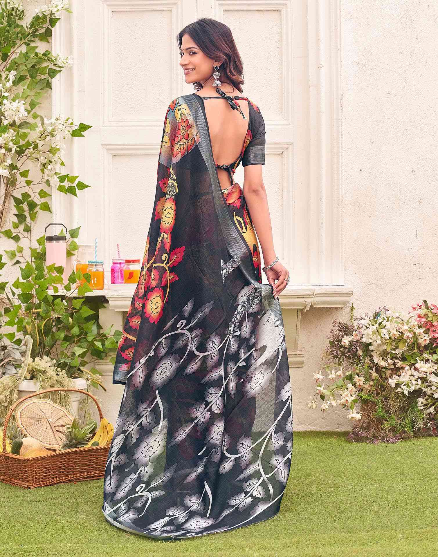 Dark Grey Linen Floral Printed SareeĀ - Image 5