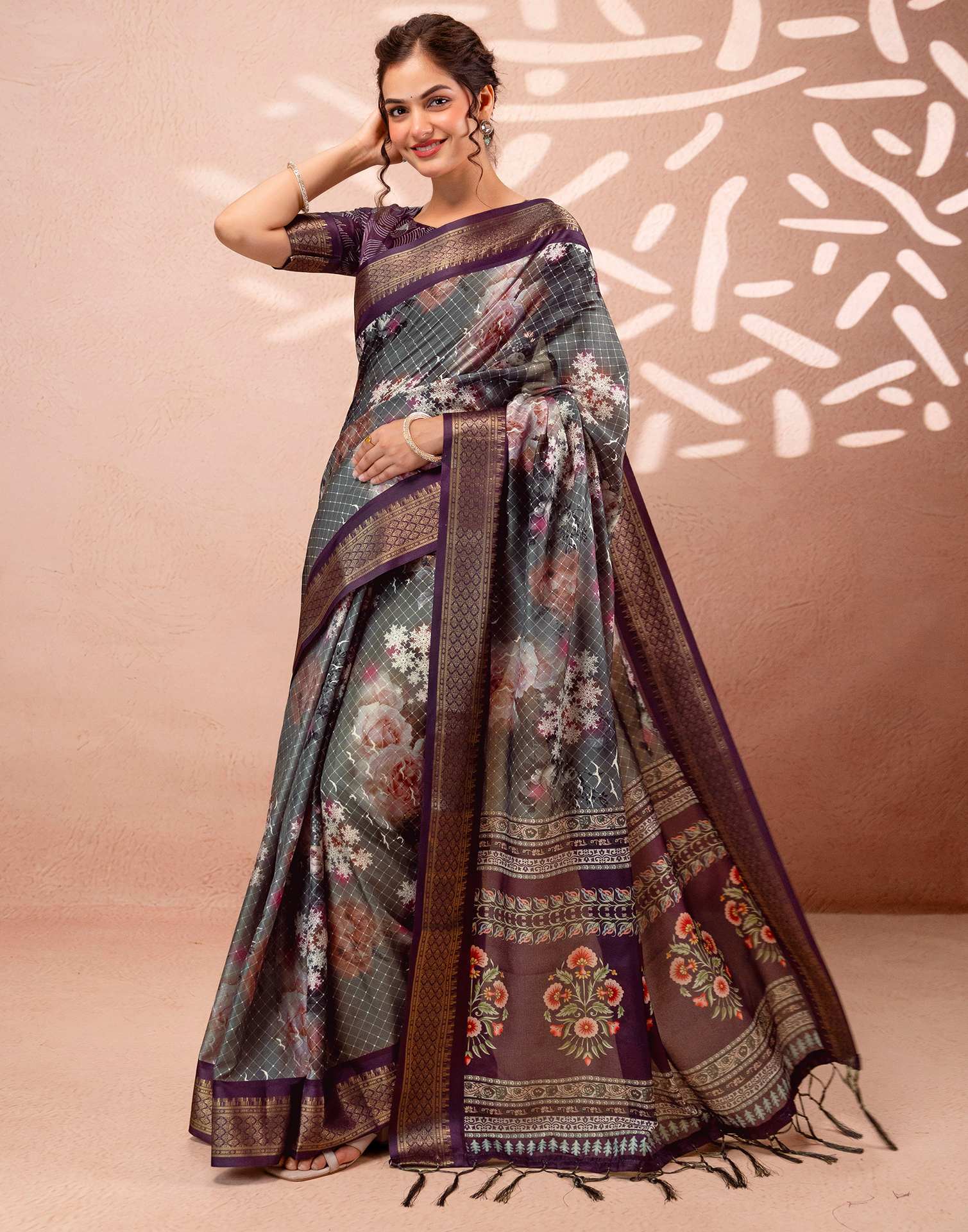 Dark Grey Silk Printed Woven Border Saree - Image 2