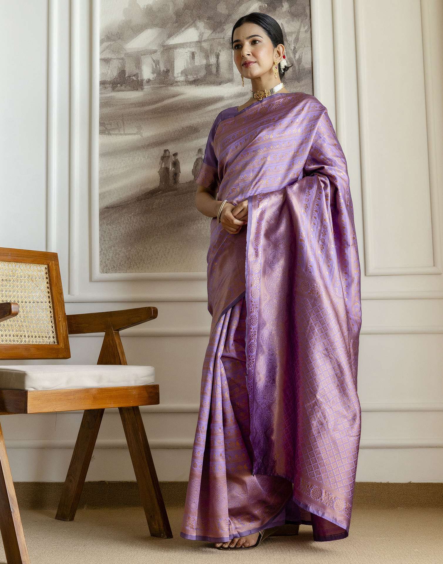 Dark Lavender Silk Woven Banarasi Saree - Image 4