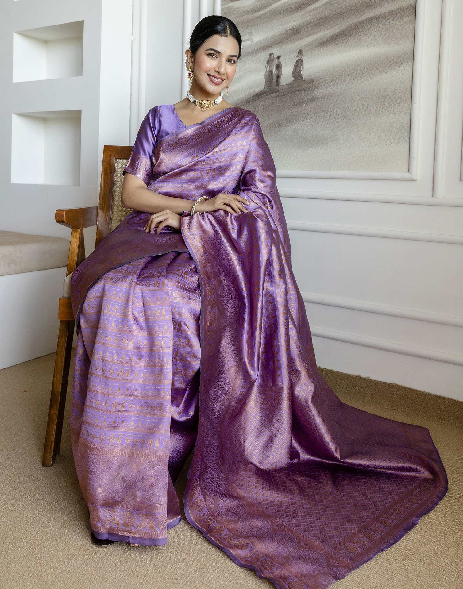 Dark Lavender Silk Woven Banarasi Saree - Image 7