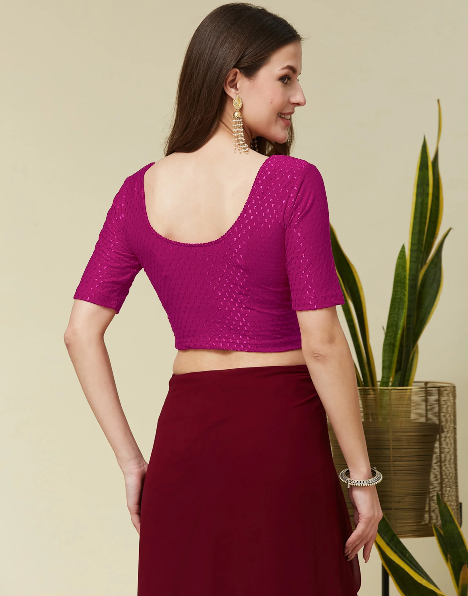 Dark Magenta Cotton Lycra Dyed Self Woven Blouse - Image 5