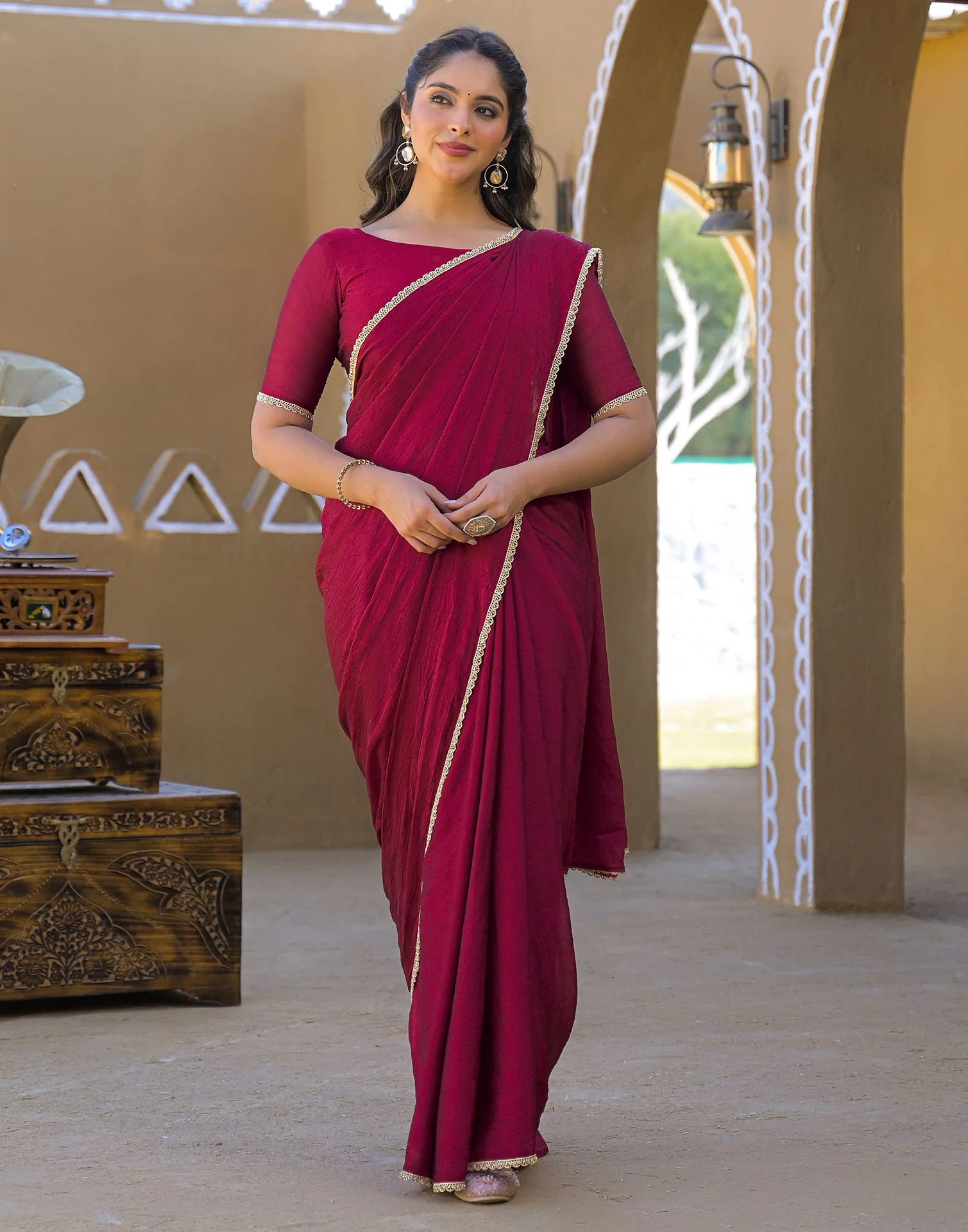 Dark Magenta Crush Silk Lace Saree