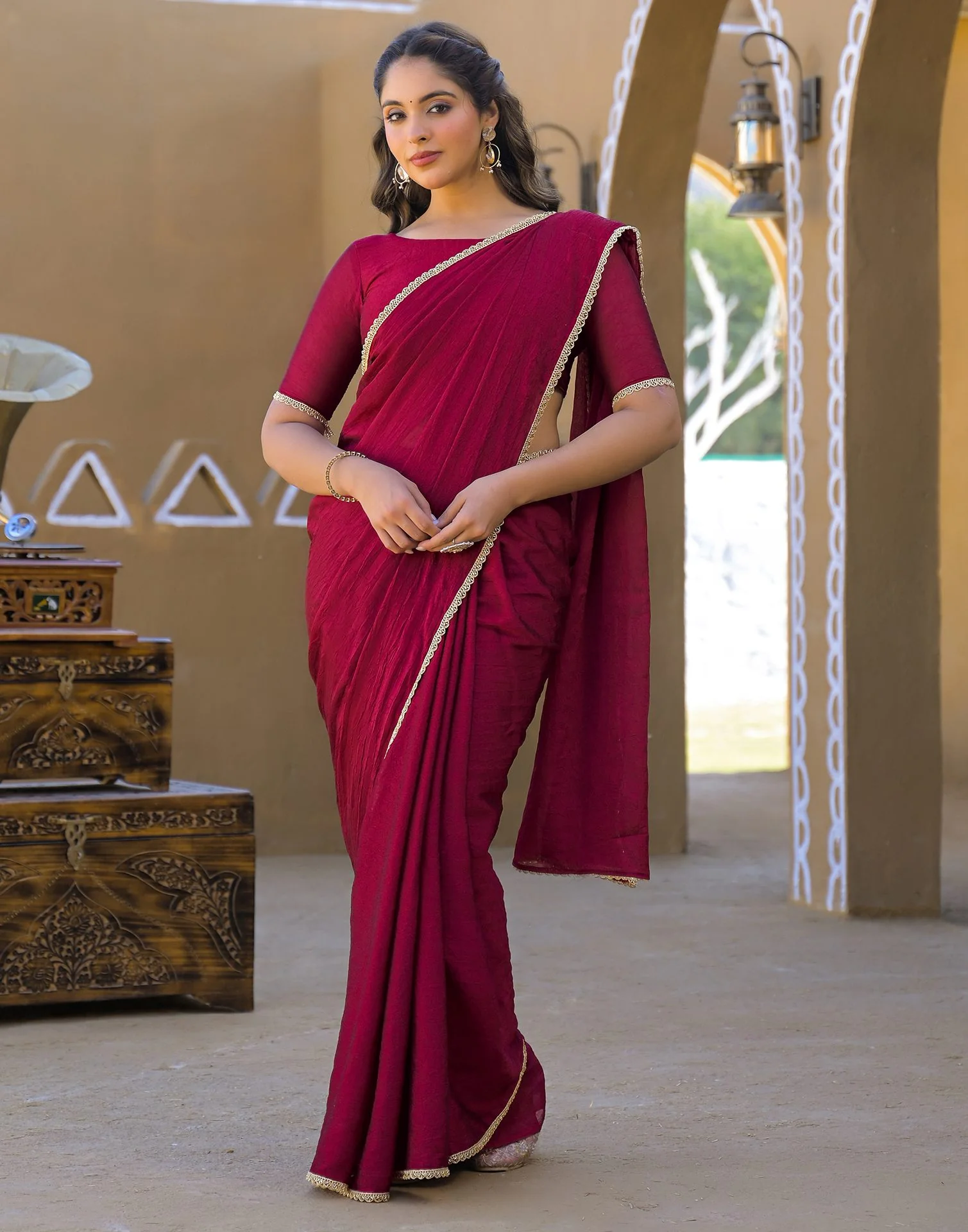 Dark Magenta Crush Silk Lace Saree - Image 10