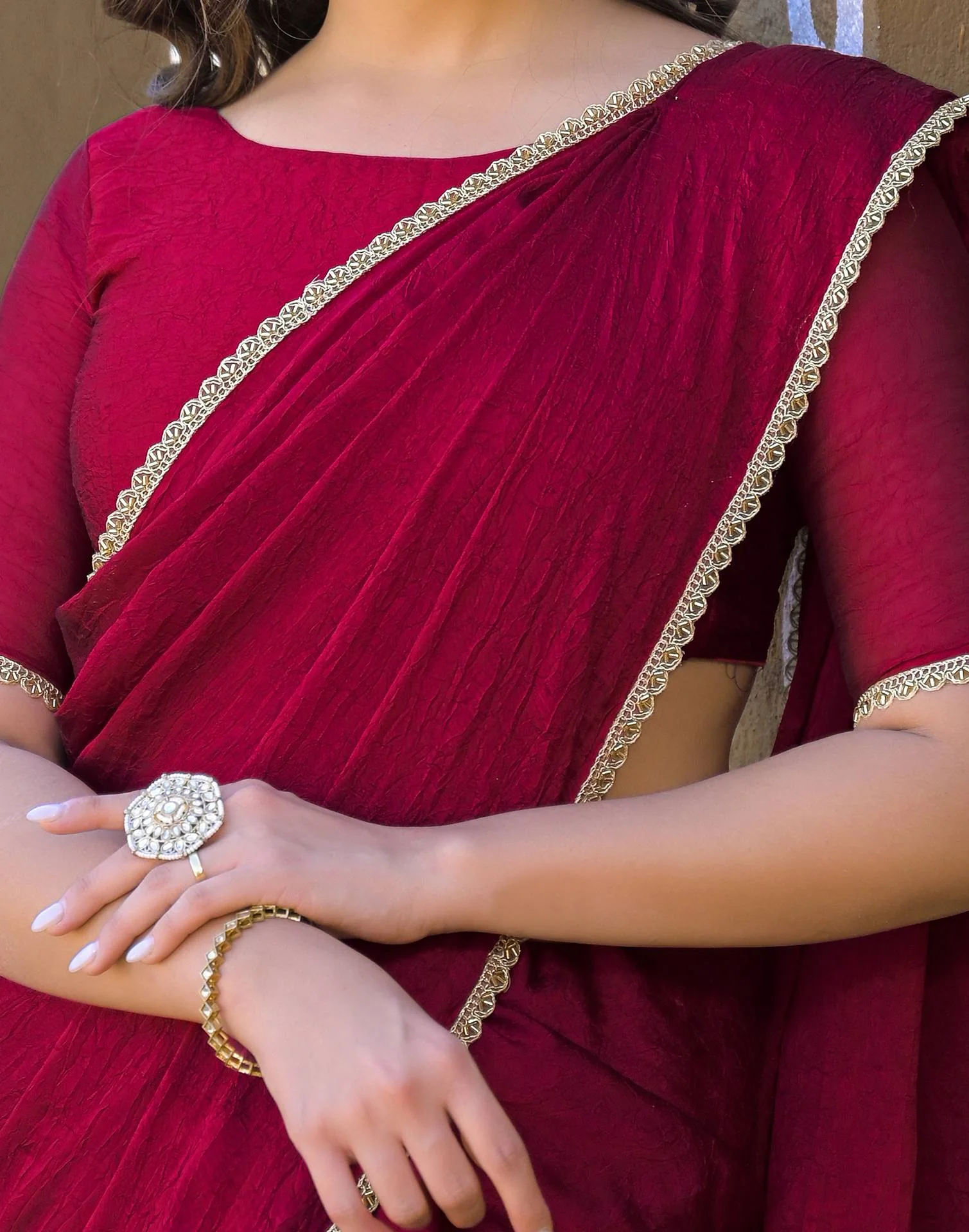 Dark Magenta Crush Silk Lace Saree - Image 12