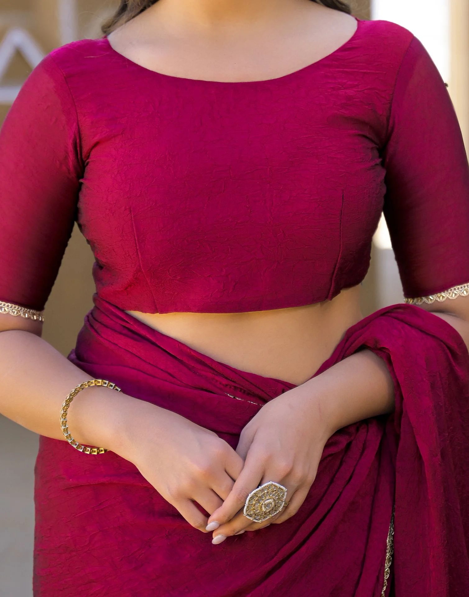 Dark Magenta Crush Silk Lace Saree - Image 13