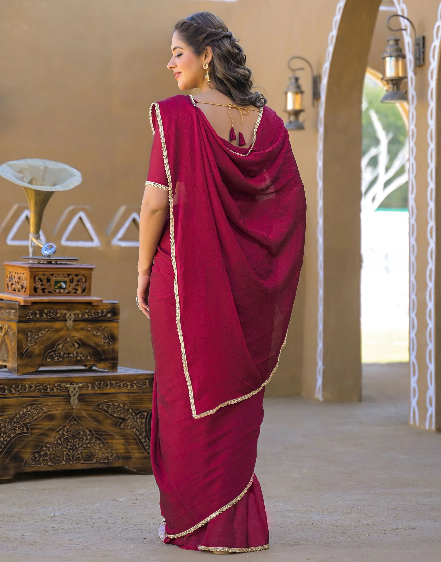 Dark Magenta Crush Silk Lace Saree - Image 5