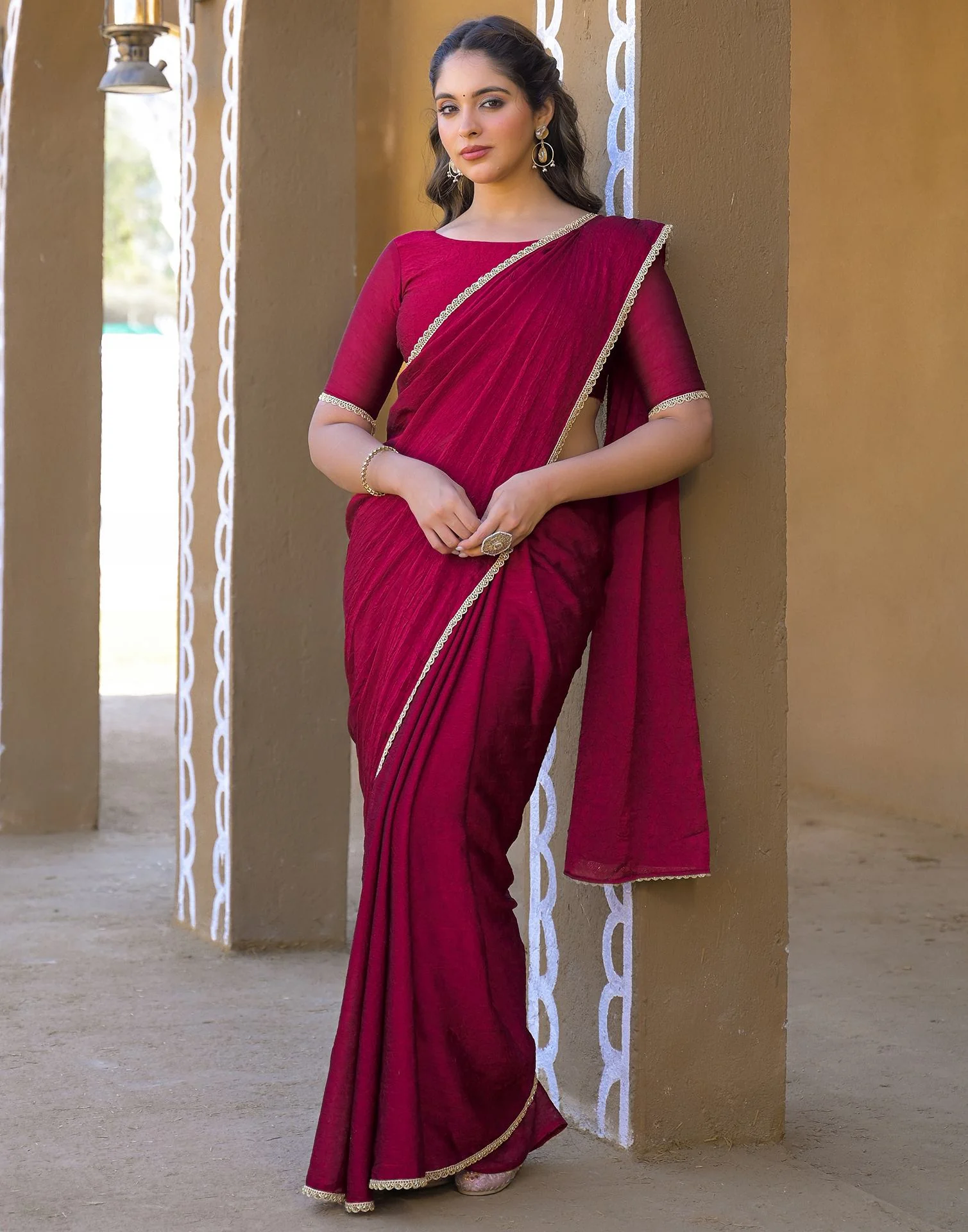 Dark Magenta Crush Silk Lace Saree - Image 8