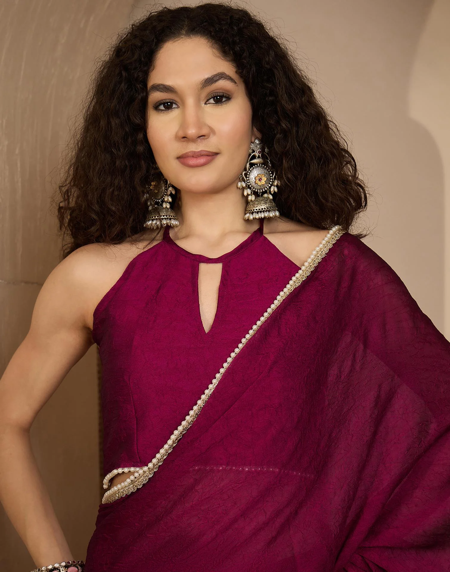 Dark Magenta Crush Silk Pearl Lace Saree - Image 2