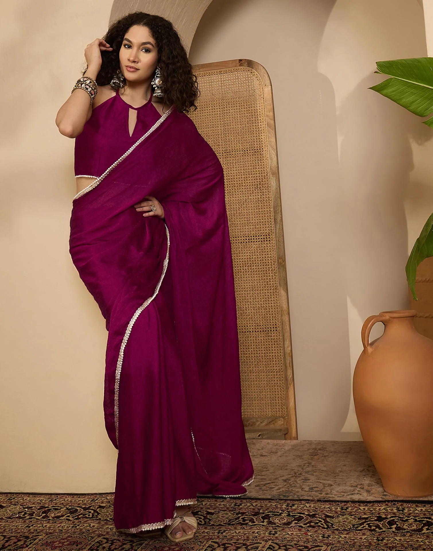 Dark Magenta Crush Silk Pearl Lace Saree - Image 5