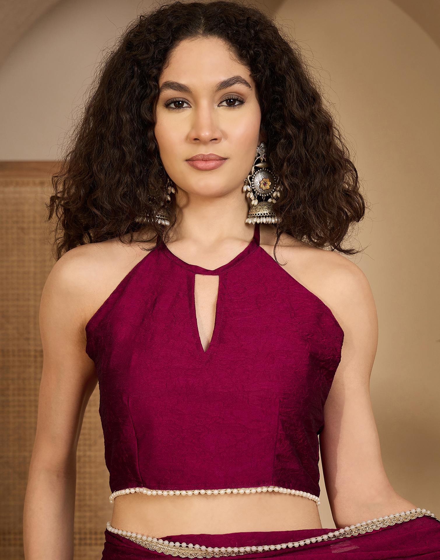Dark Magenta Crush Silk Pearl Lace Saree - Image 8