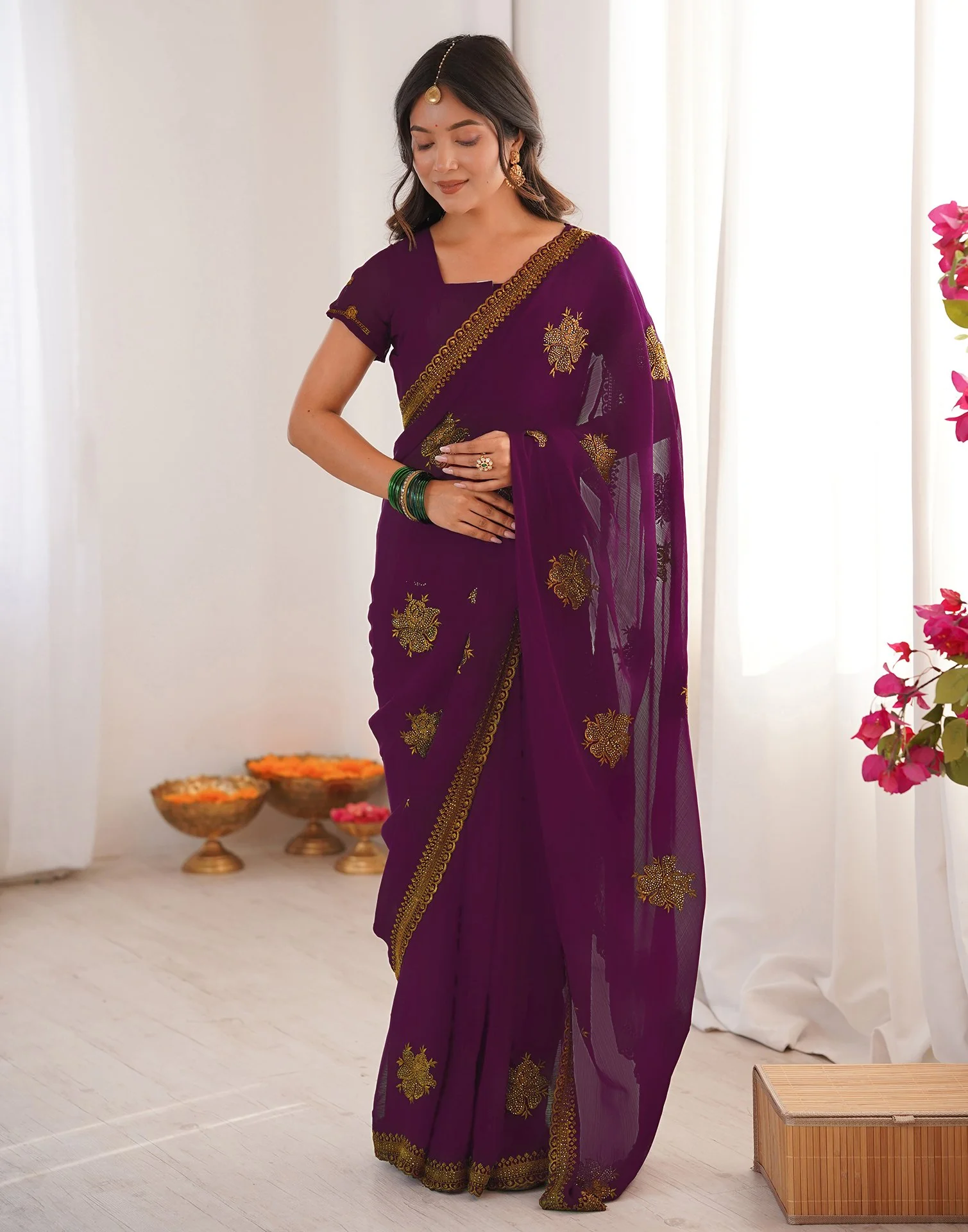 Dark Magenta Georgette Embroidery Saree