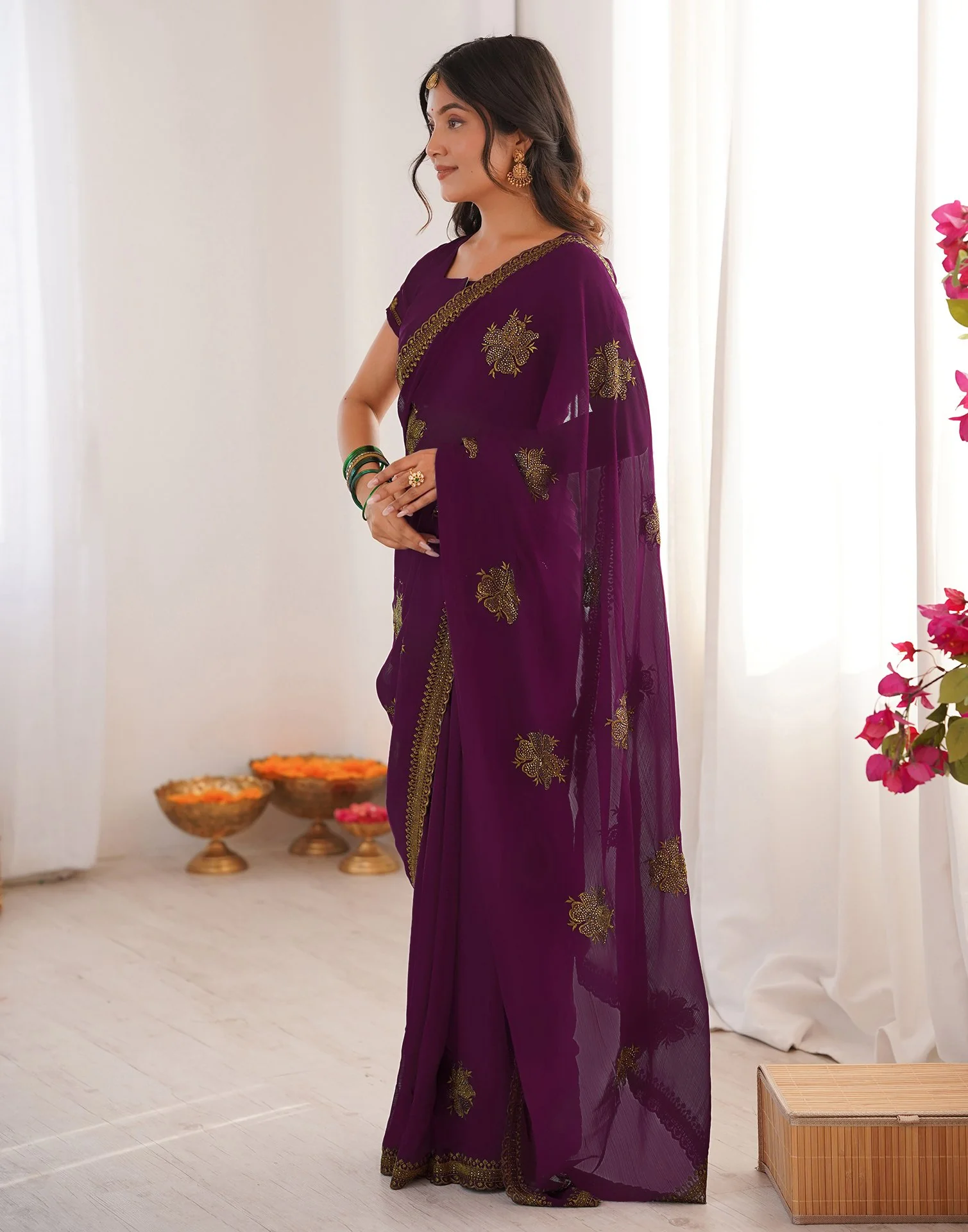 Dark Magenta Georgette Embroidery Saree - Image 4