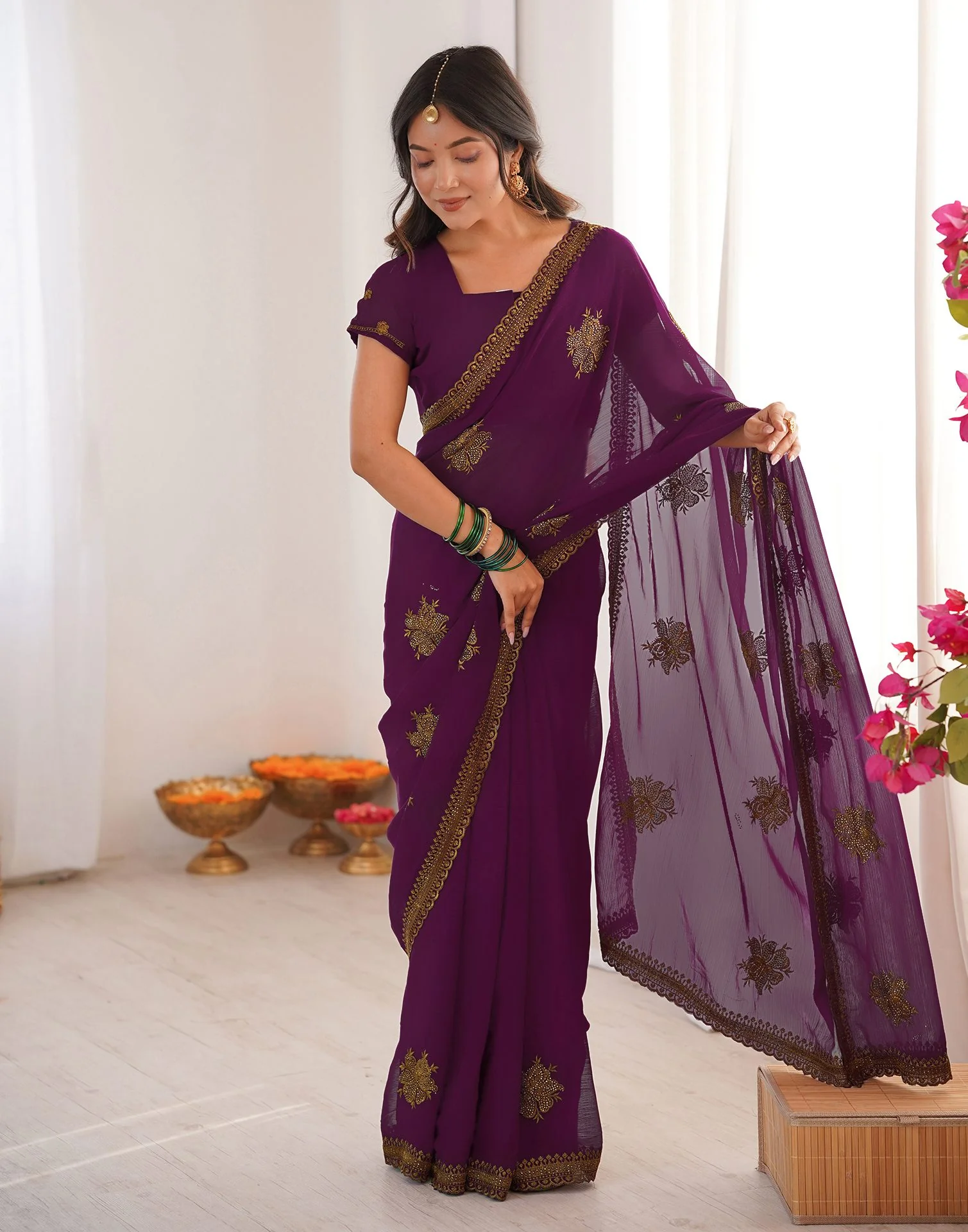 Dark Magenta Georgette Embroidery Saree - Image 5