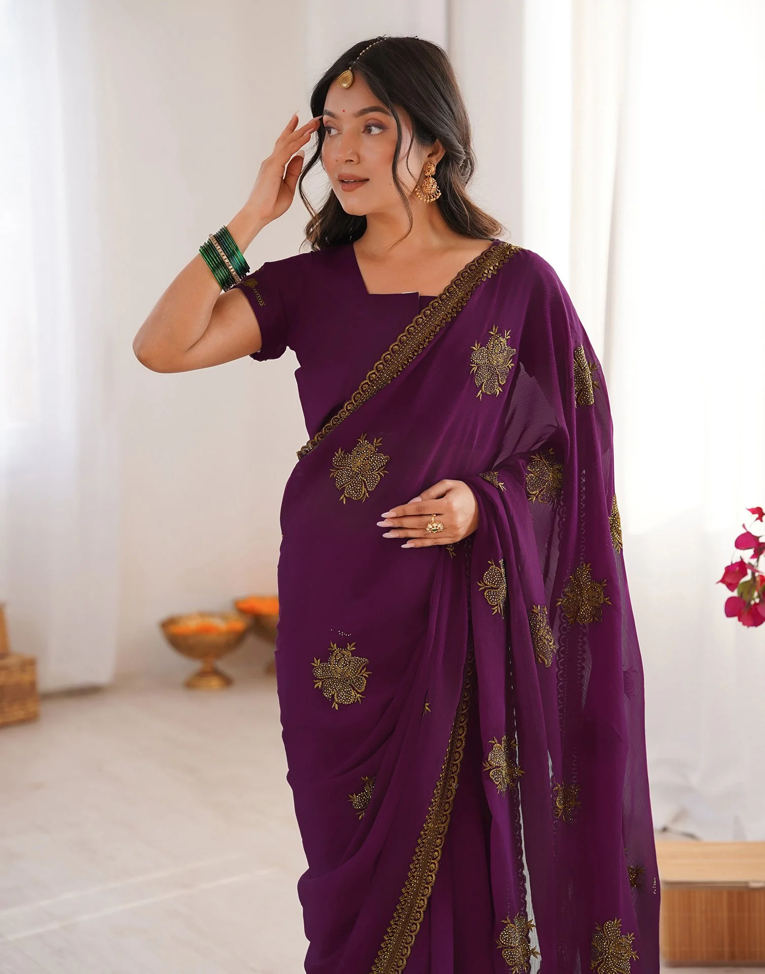 Dark Magenta Georgette Embroidery Saree - Image 8