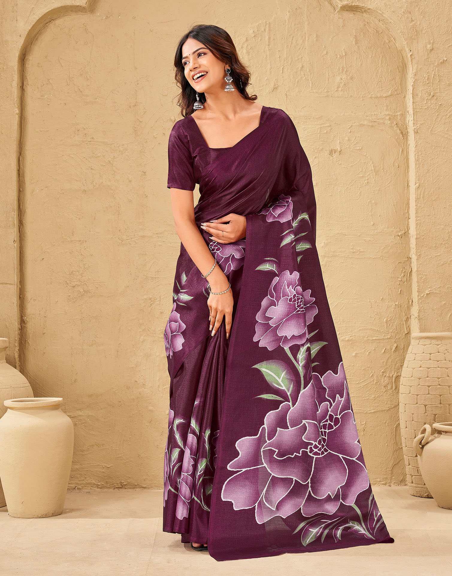 Dark Magenta Khadi Floral Printed Saree - Image 2