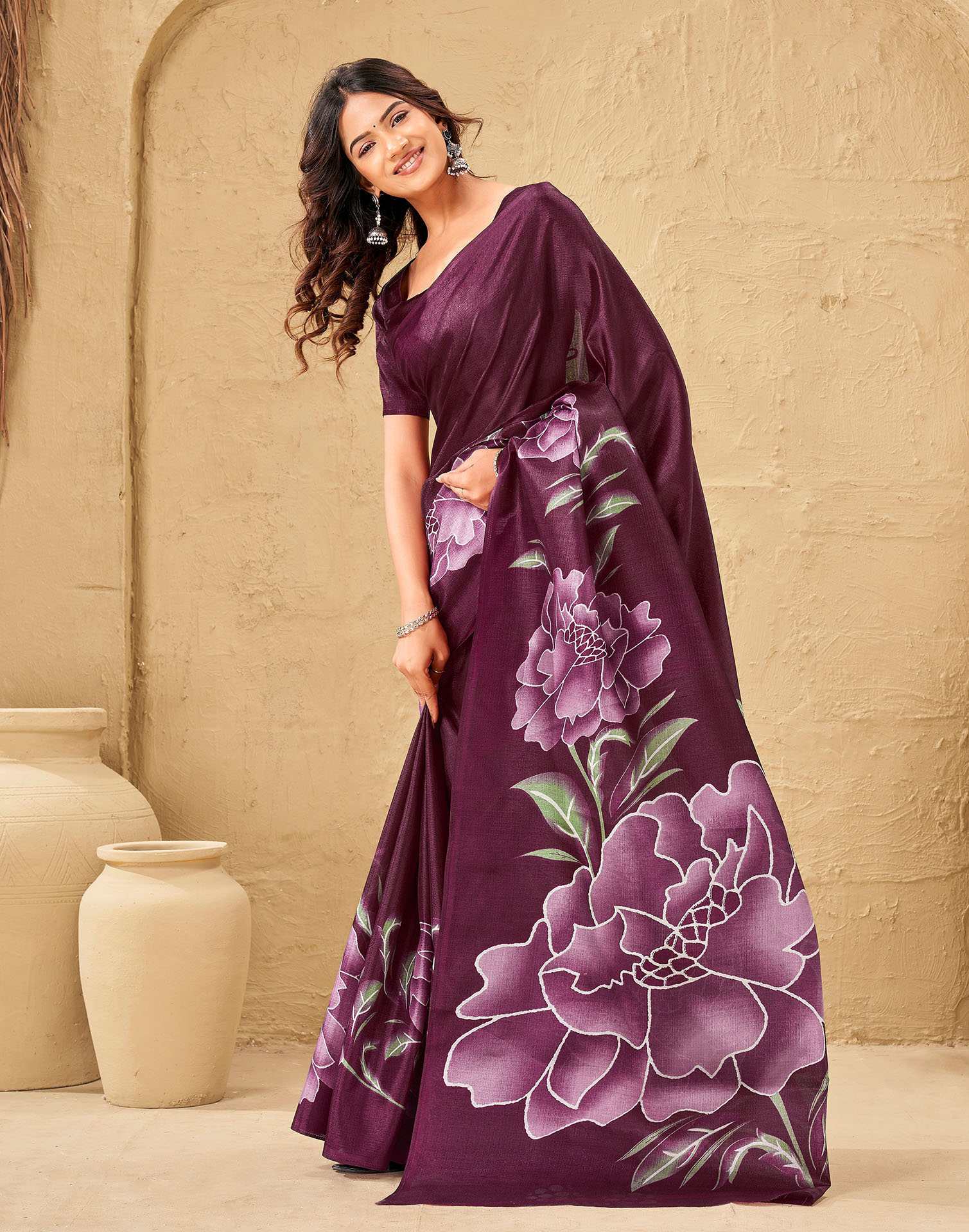 Dark Magenta Khadi Floral Printed Saree - Image 4