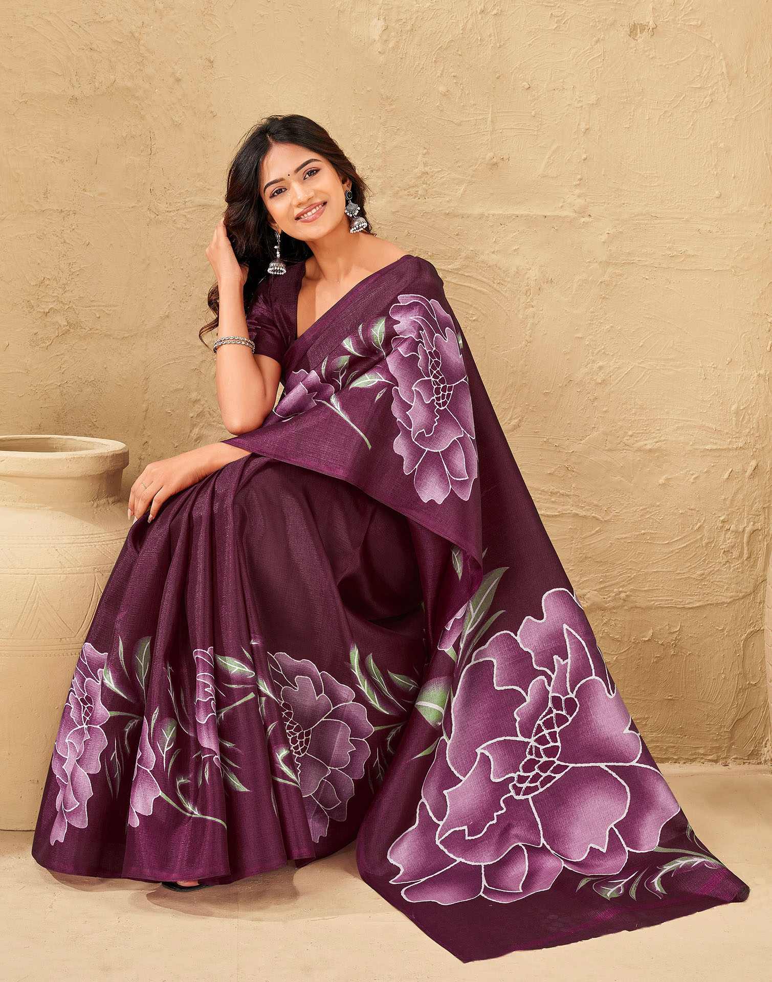 Dark Magenta Khadi Floral Printed Saree - Image 5