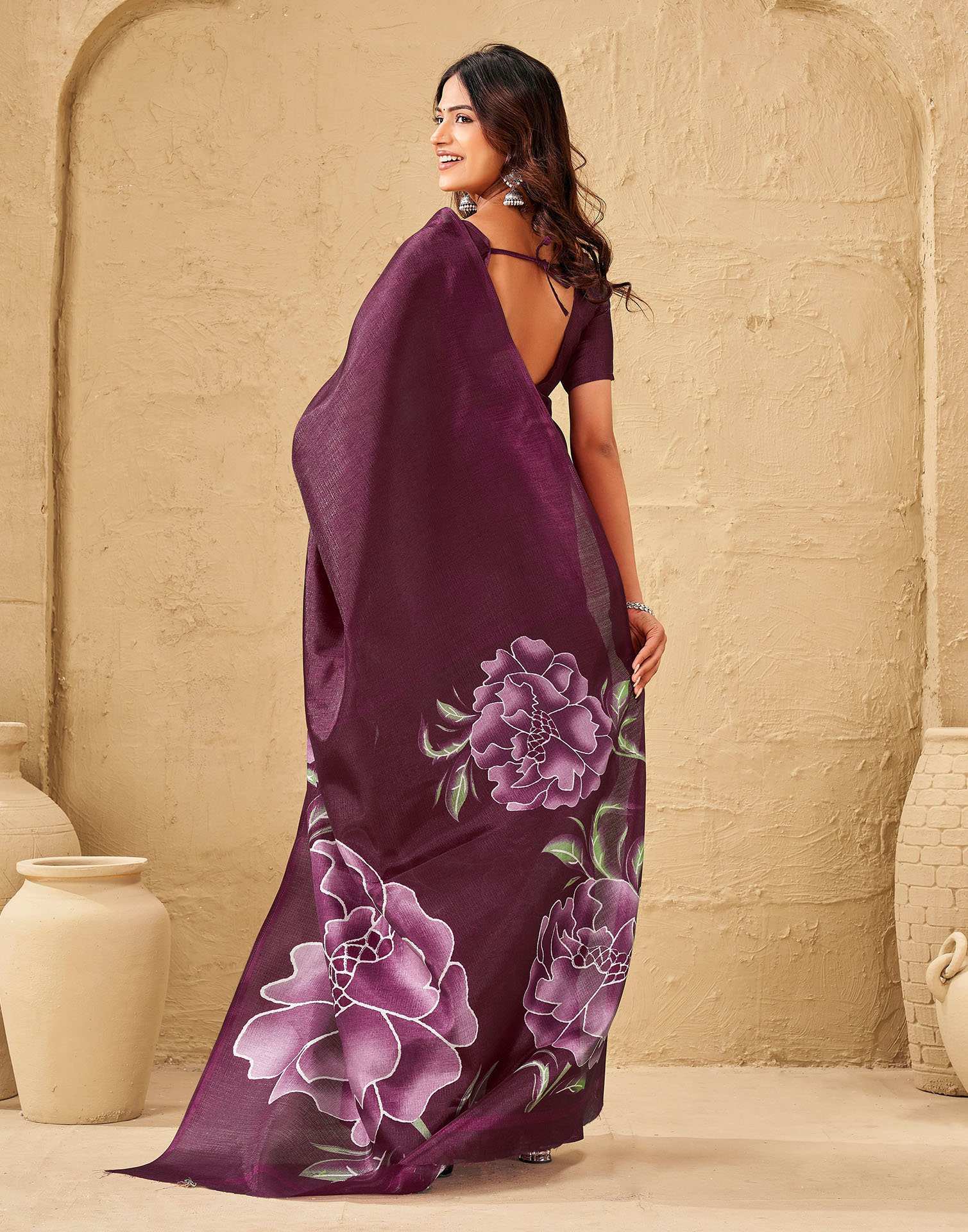 Dark Magenta Khadi Floral Printed Saree - Image 6