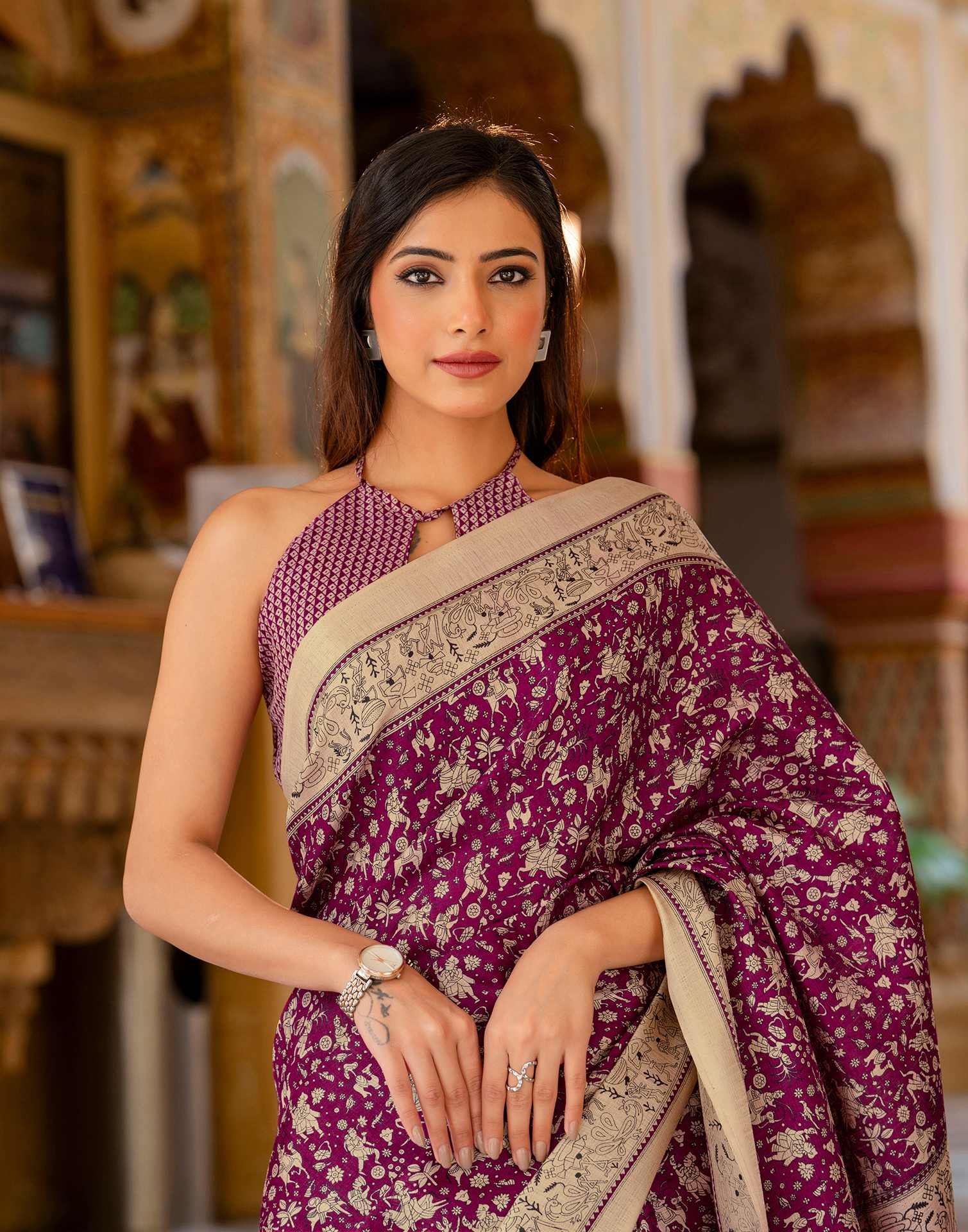 Dark Magenta Khadi Warli Printed Saree - Image 2