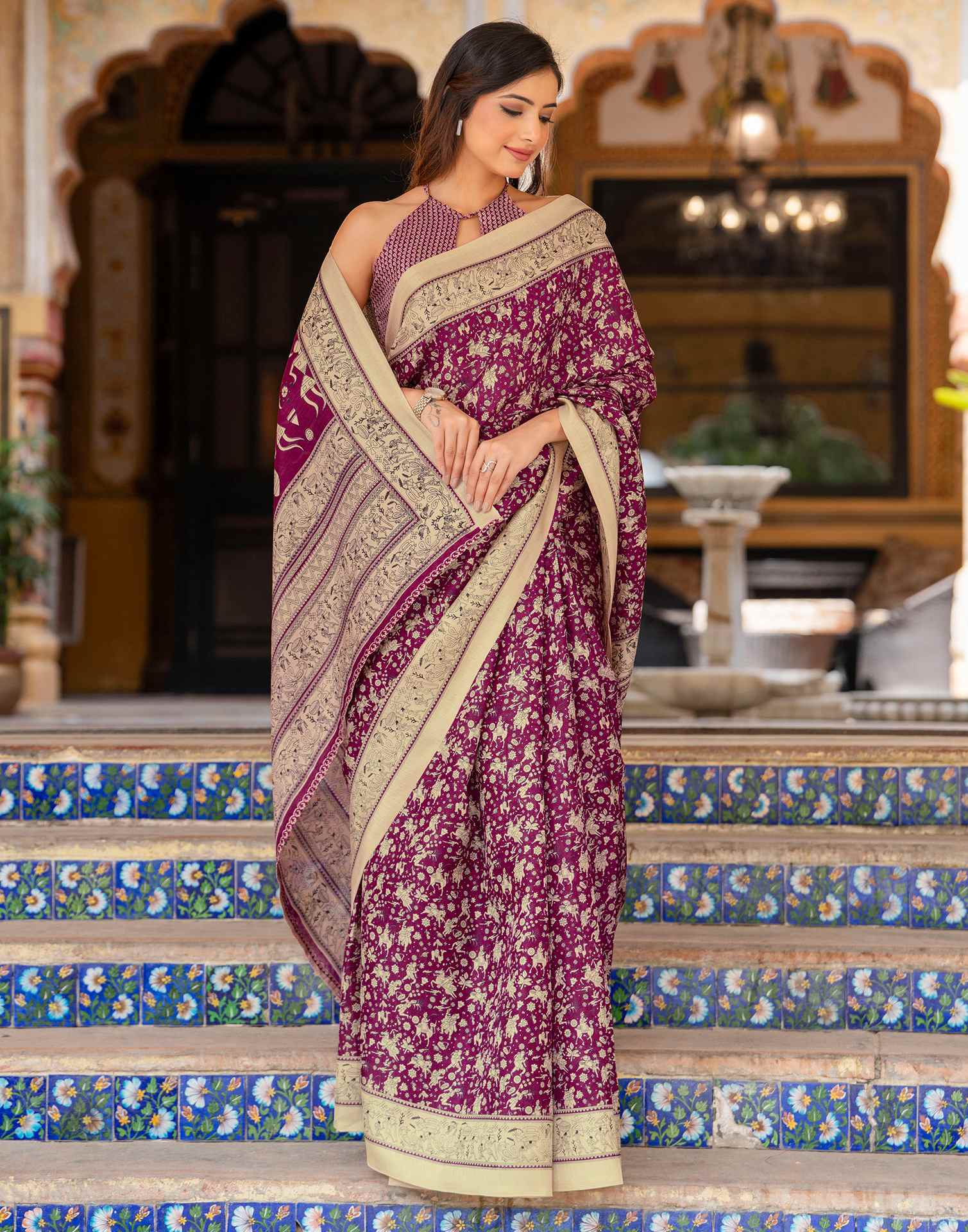 Dark Magenta Khadi Warli Printed Saree - Image 6