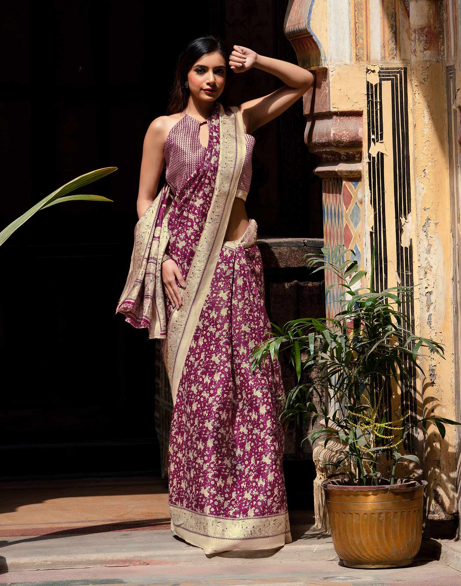 Dark Magenta Khadi Warli Printed Saree - Image 8