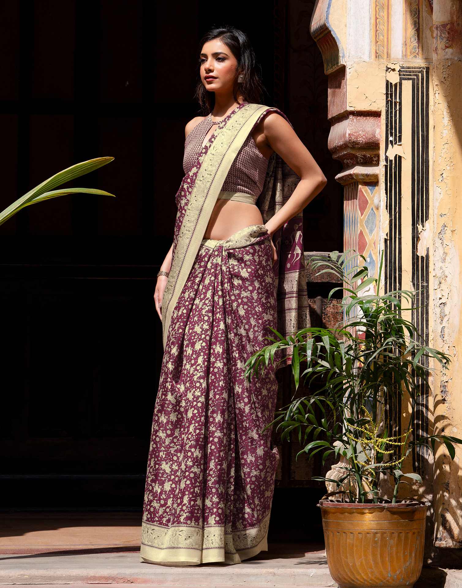 Dark Magenta Khadi Warli Printed Saree - Image 9