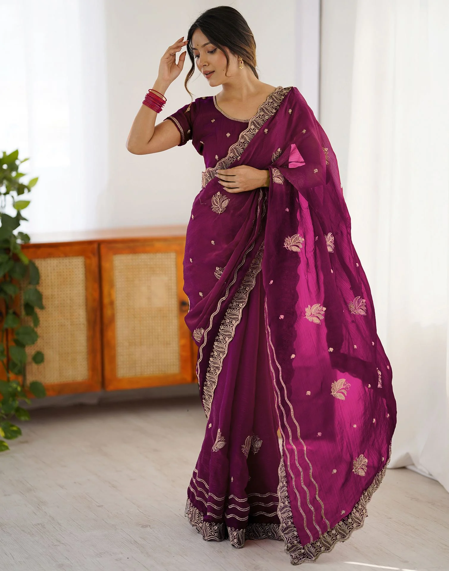 Dark Magenta Shimmer Embroidery Saree - Image 6