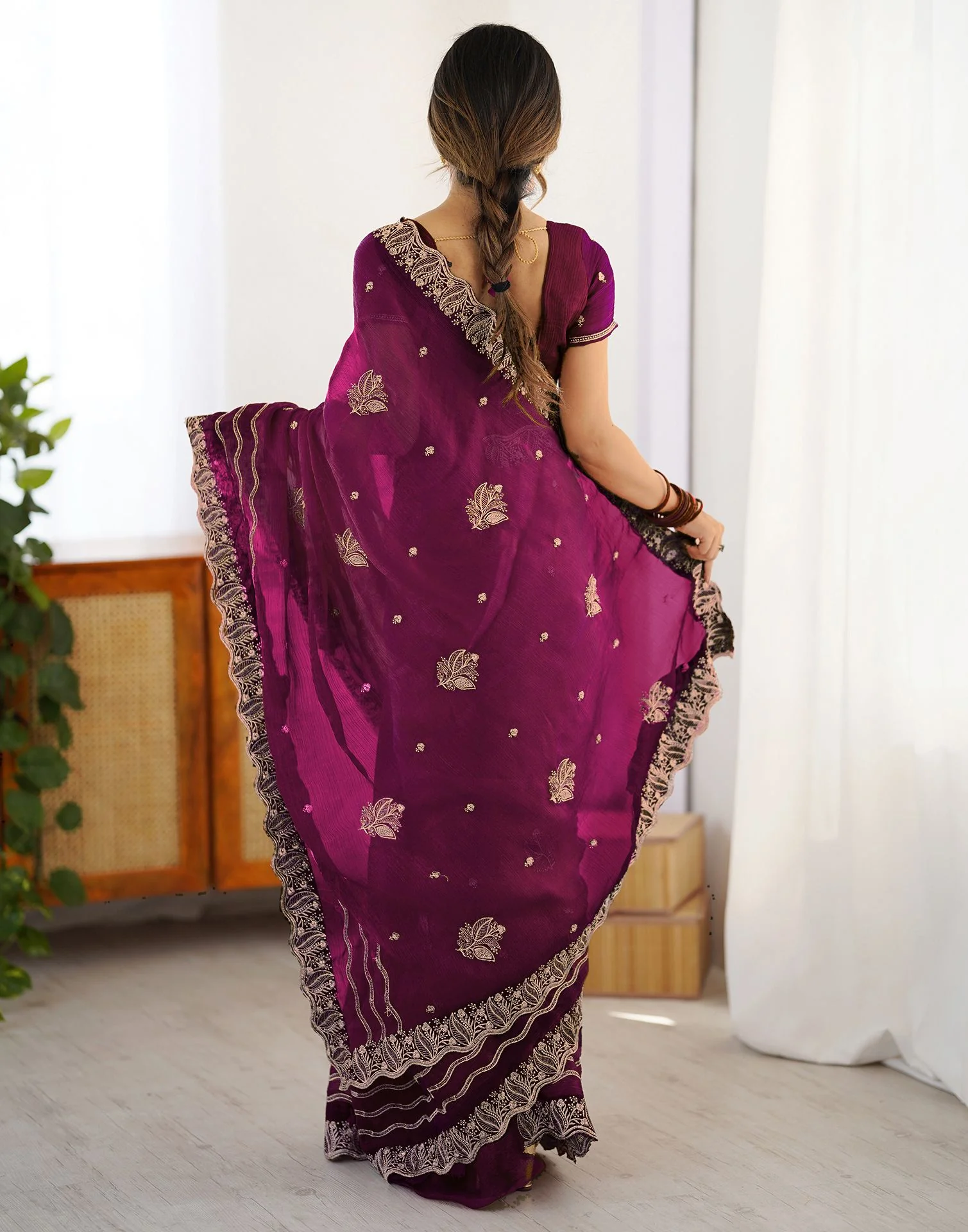 Dark Magenta Shimmer Embroidery Saree - Image 7