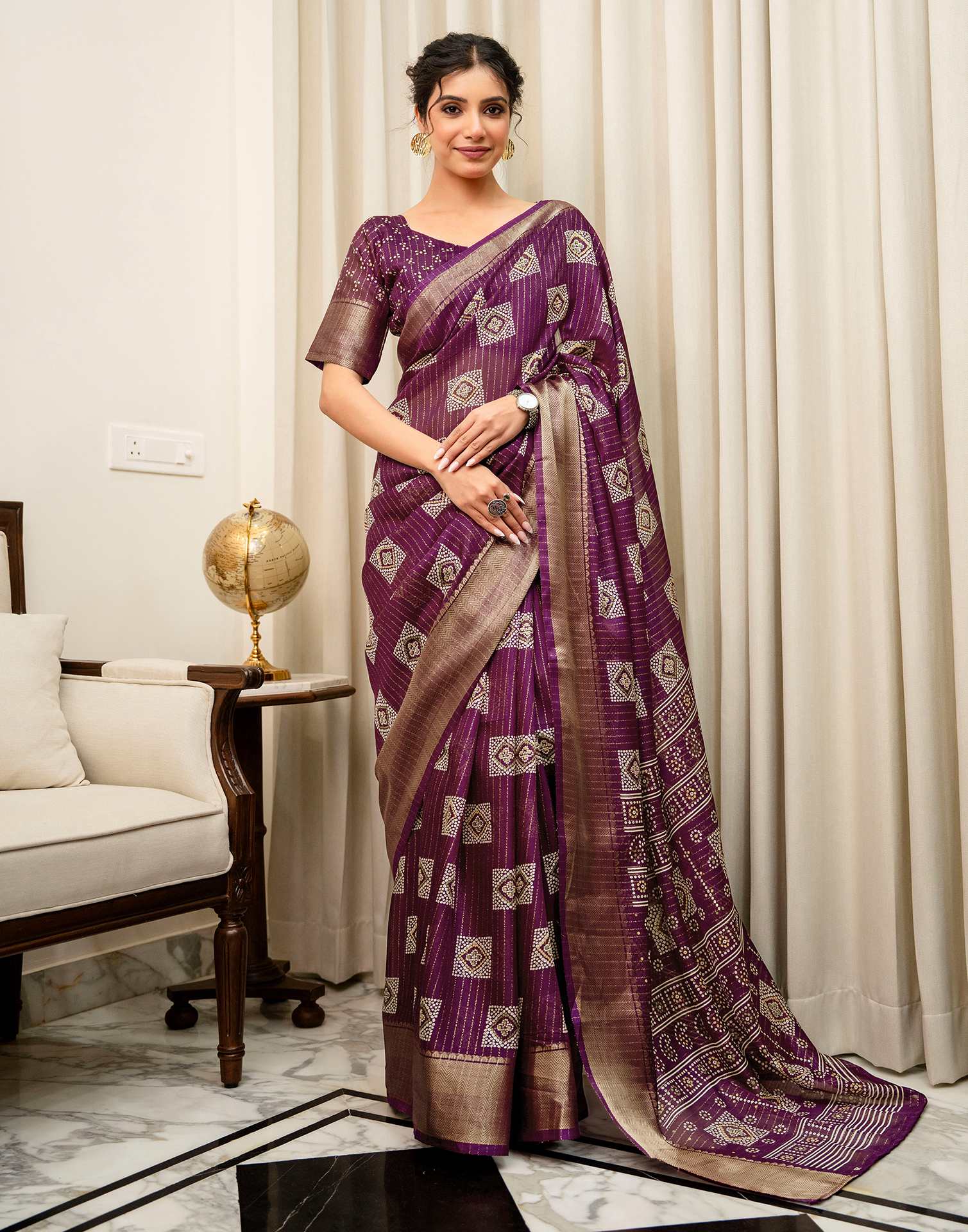 Dark Magenta Silk Bandhani Printed Zari Stripe SareeĀ