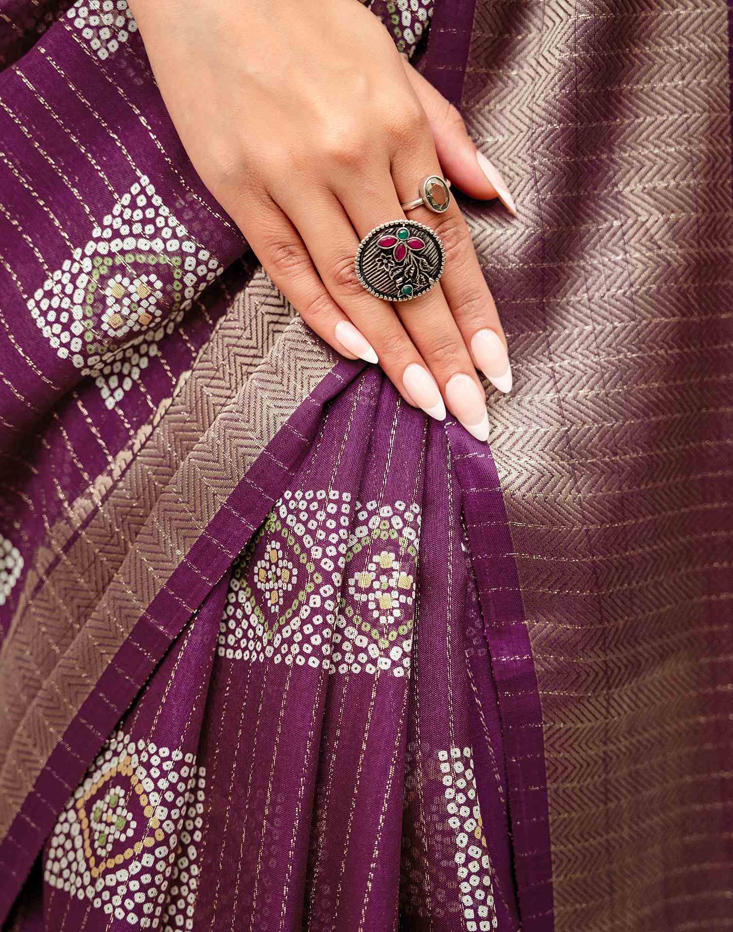 Dark Magenta Silk Bandhani Printed Zari Stripe SareeĀ - Image 10