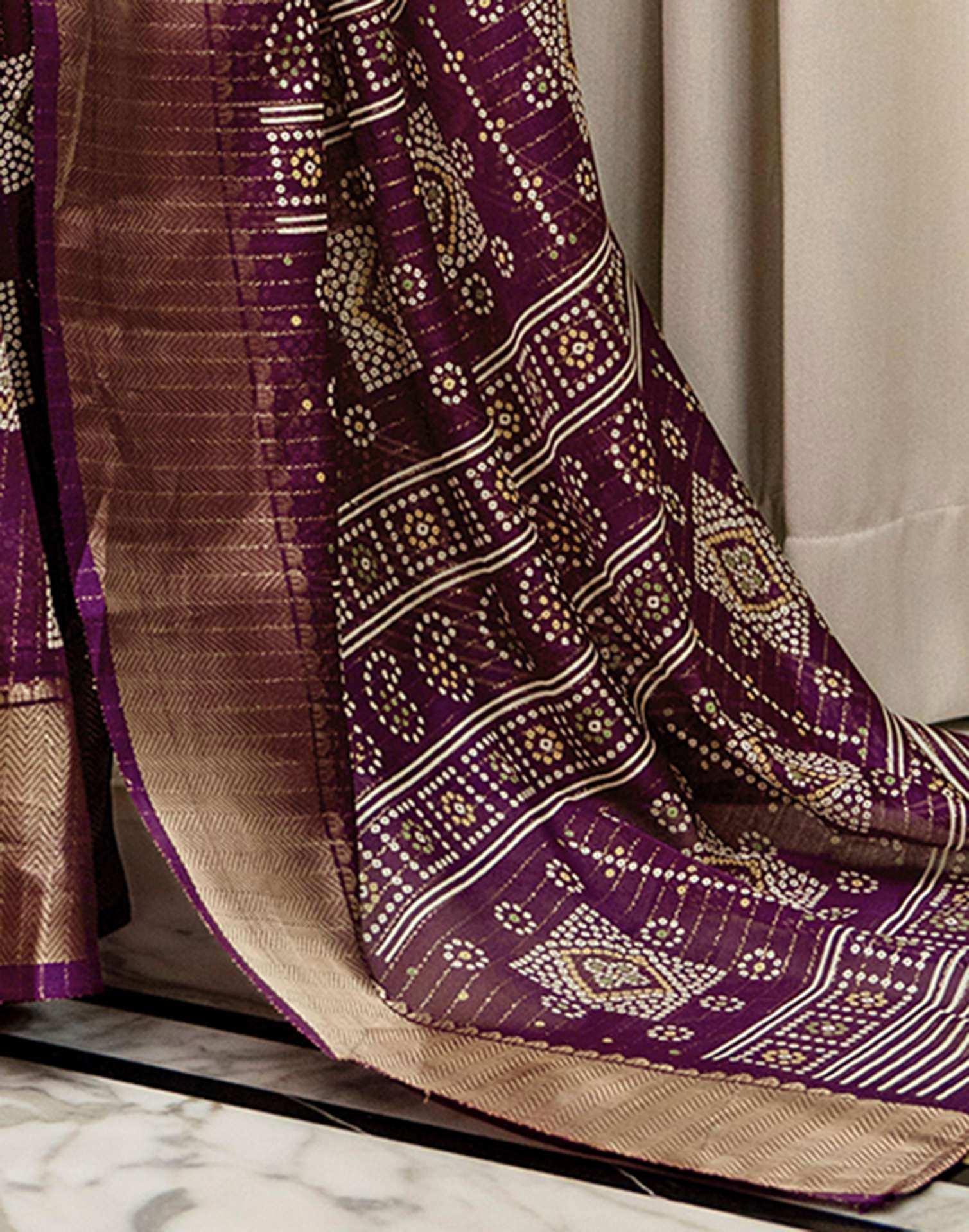 Dark Magenta Silk Bandhani Printed Zari Stripe SareeĀ - Image 11