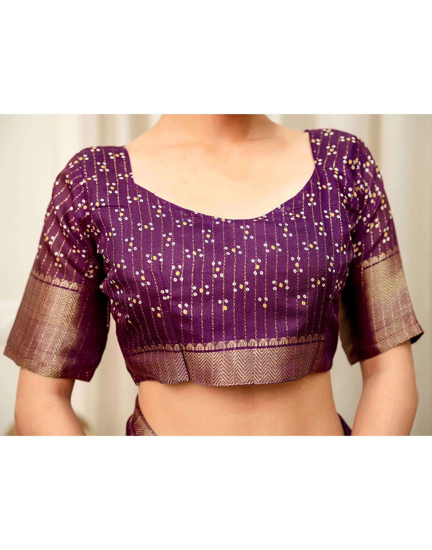 Dark Magenta Silk Bandhani Printed Zari Stripe SareeĀ - Image 12