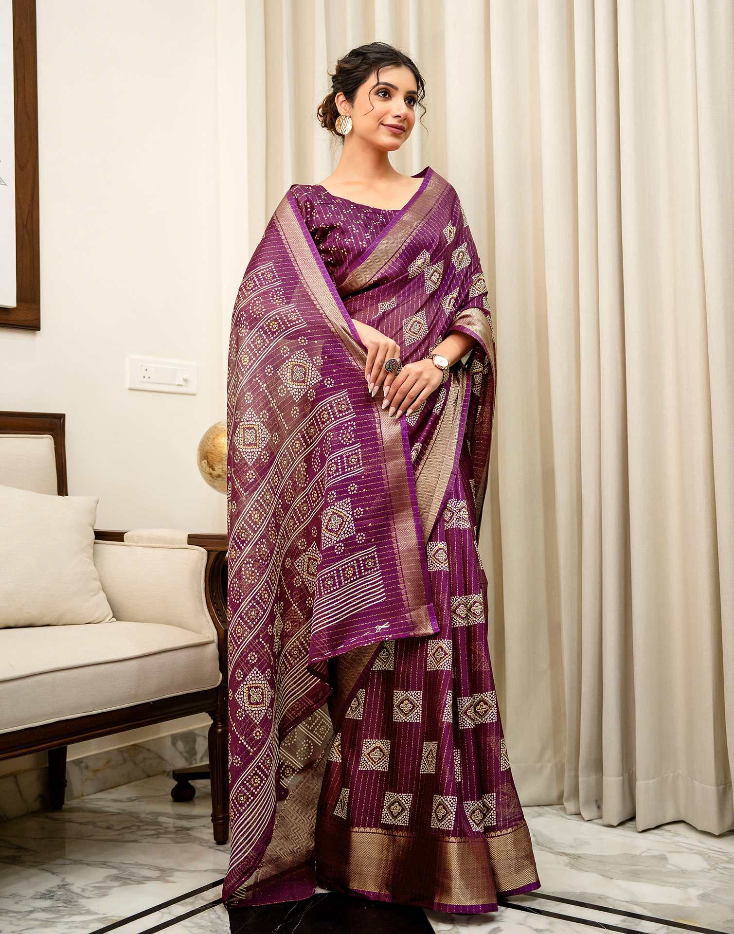 Dark Magenta Silk Bandhani Printed Zari Stripe SareeĀ - Image 6
