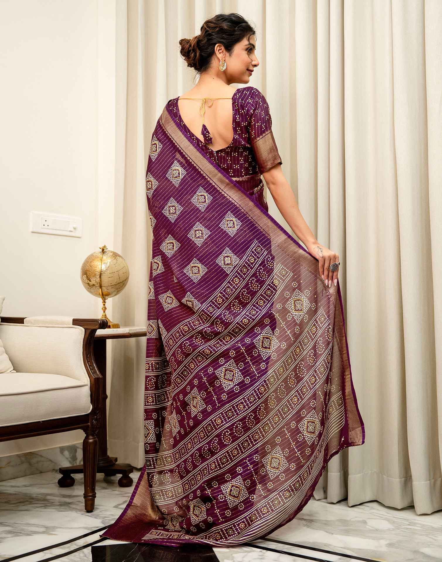 Dark Magenta Silk Bandhani Printed Zari Stripe SareeĀ - Image 7