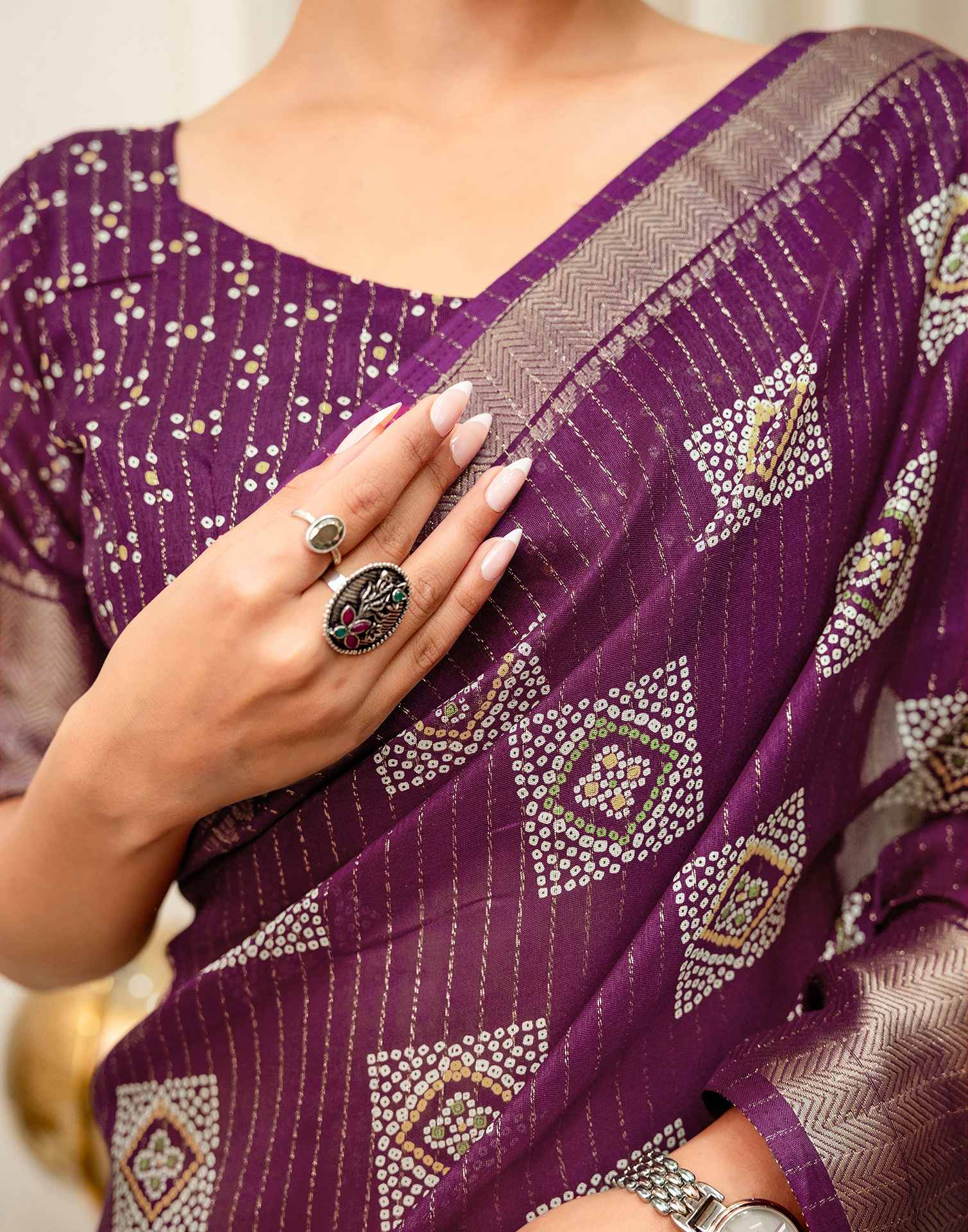 Dark Magenta Silk Bandhani Printed Zari Stripe SareeĀ - Image 9