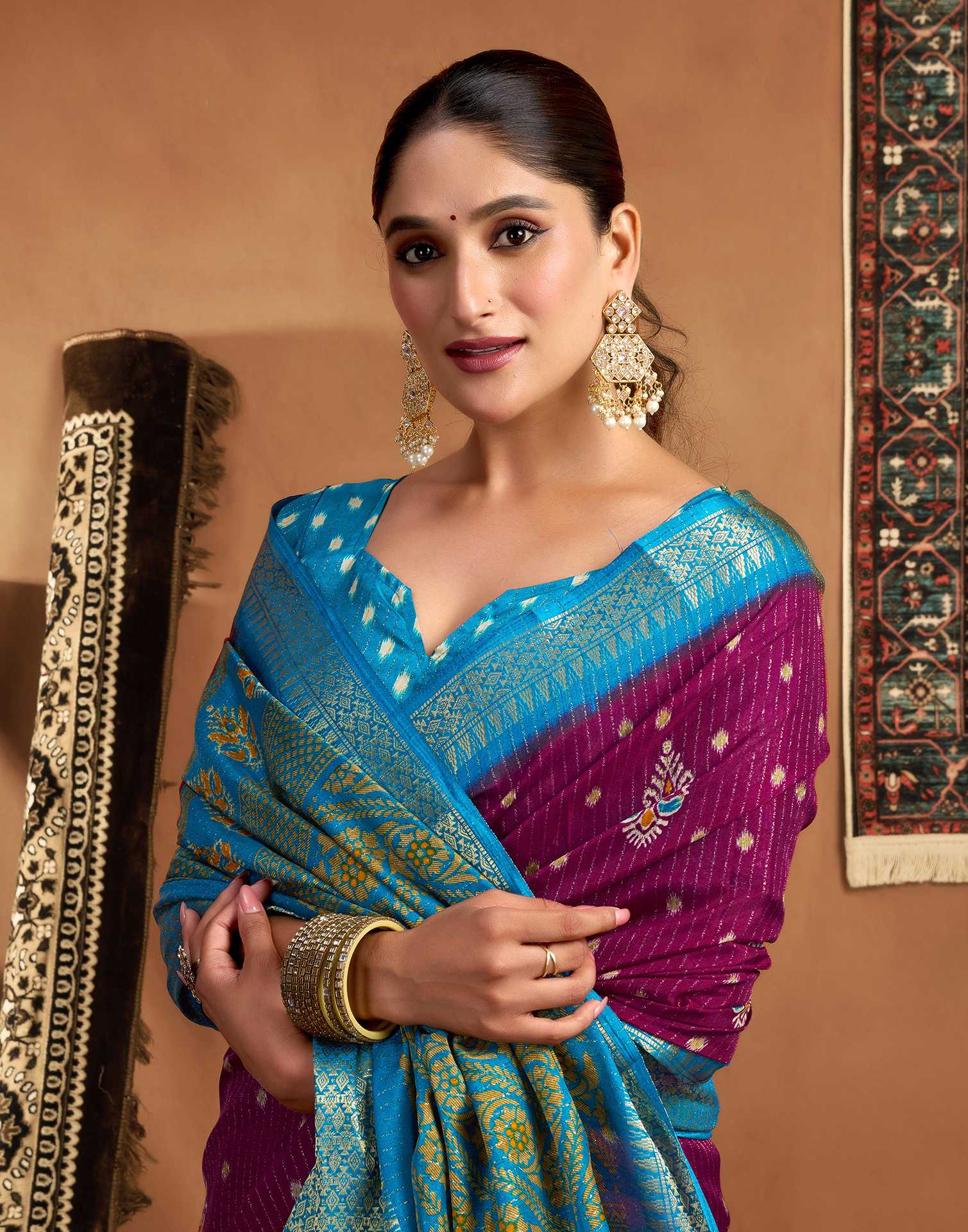 Dark Magenta Silk Printed Zari Stripe Saree - Image 2
