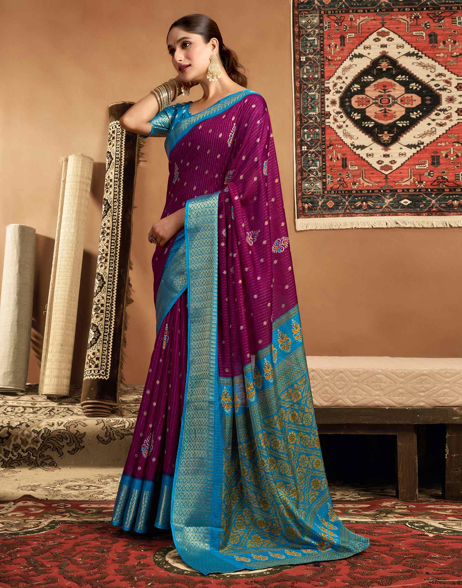 Dark Magenta Silk Printed Zari Stripe Saree - Image 4