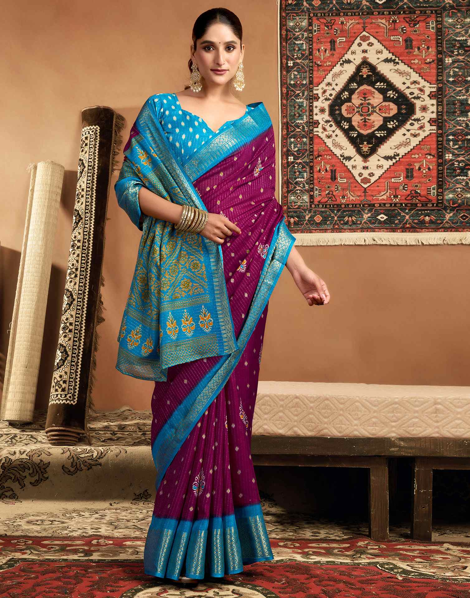 Dark Magenta Silk Printed Zari Stripe Saree - Image 5